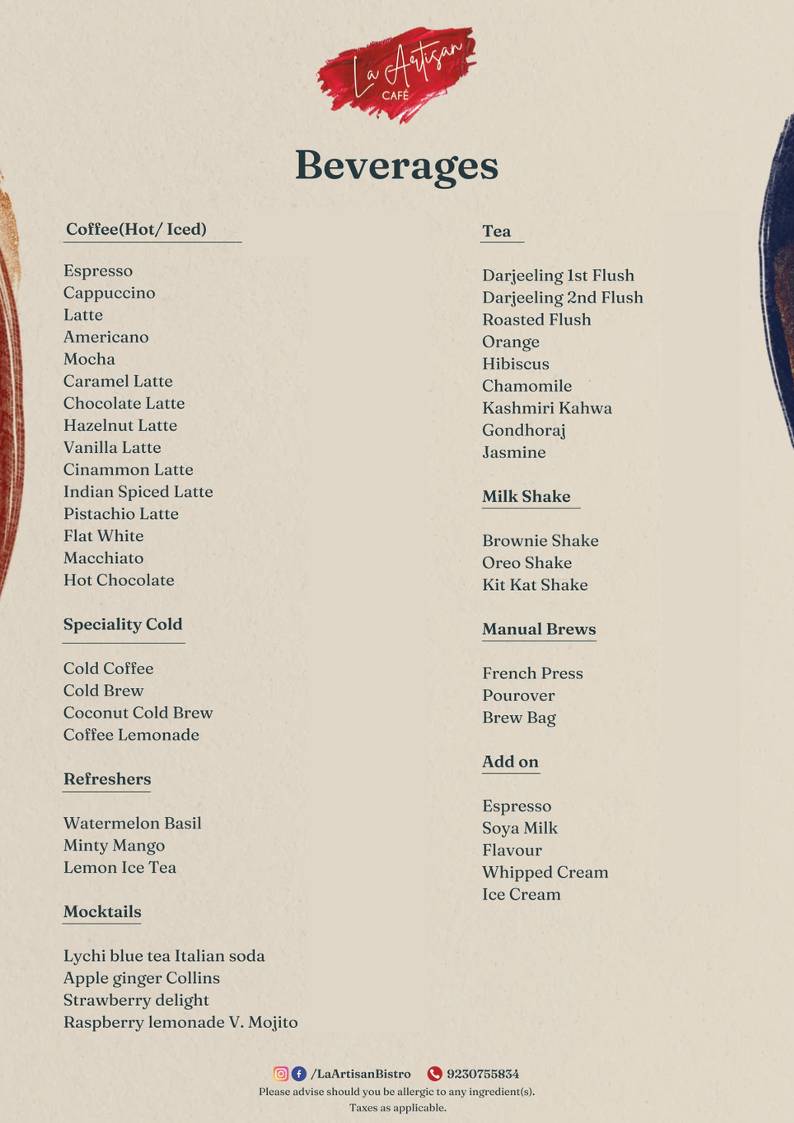La Artisan Cafe menu