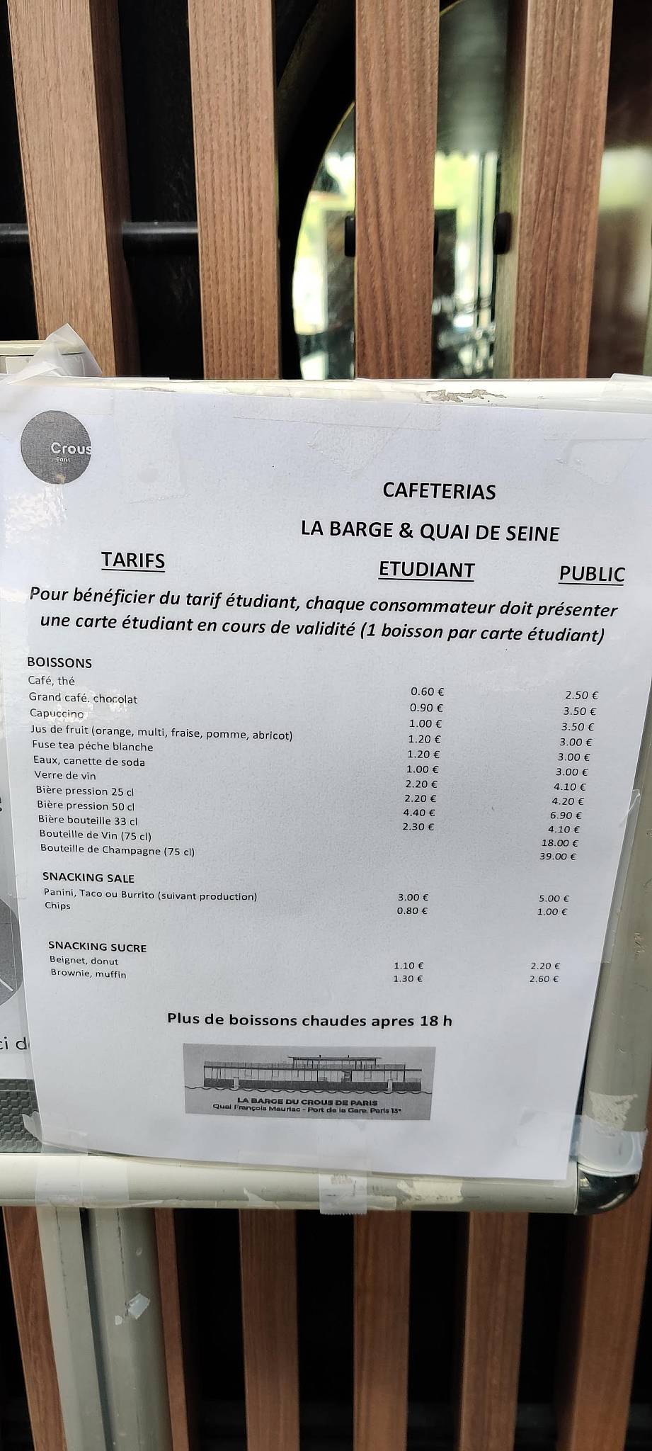 Carta de La Barge du CROUS de Paris, Paris, Quai François Mauriac