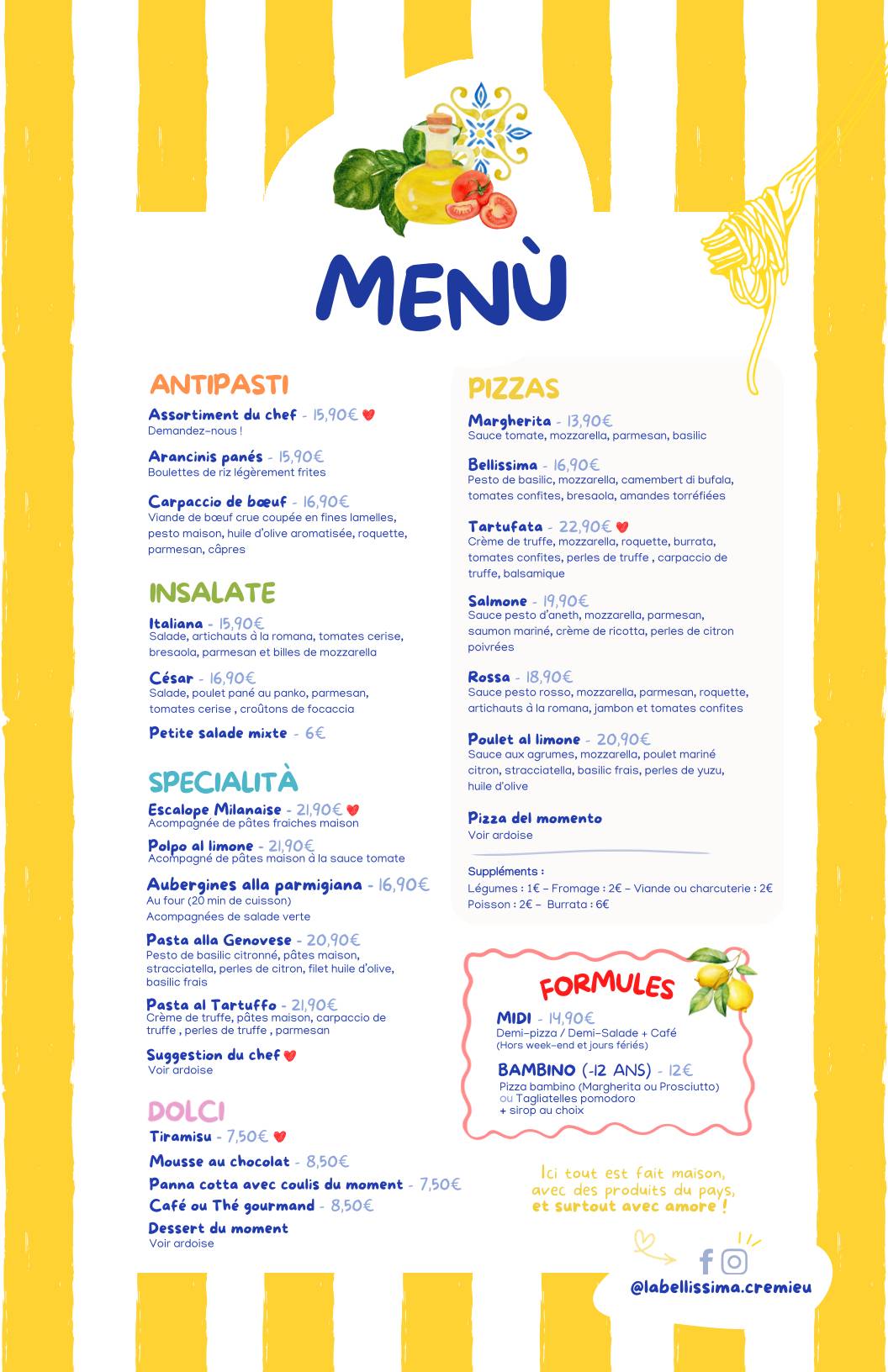 Menu de La Bellissima Ristorante Pizzeria