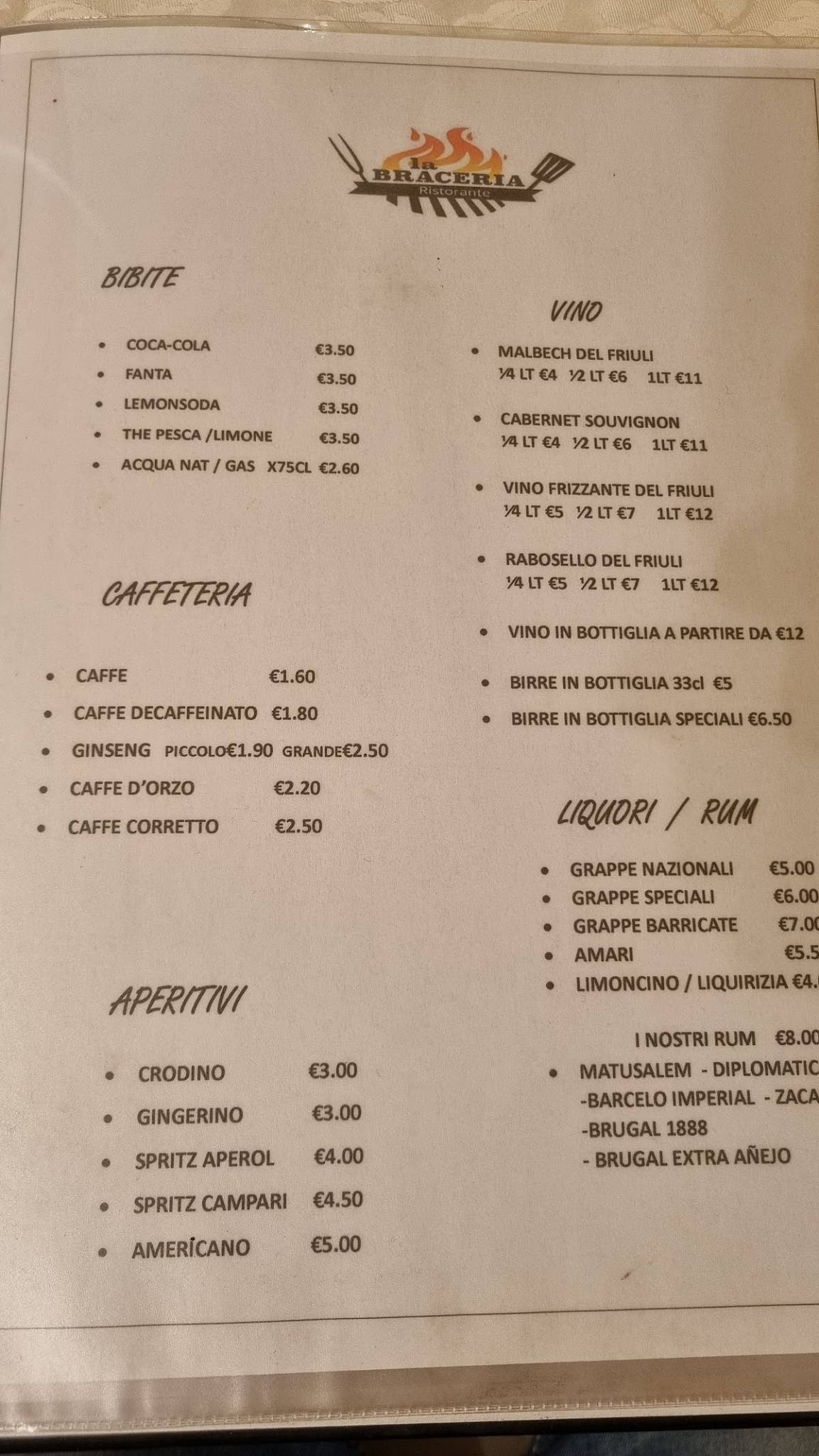 Menu di La Braceria Trattoria Griglieria 