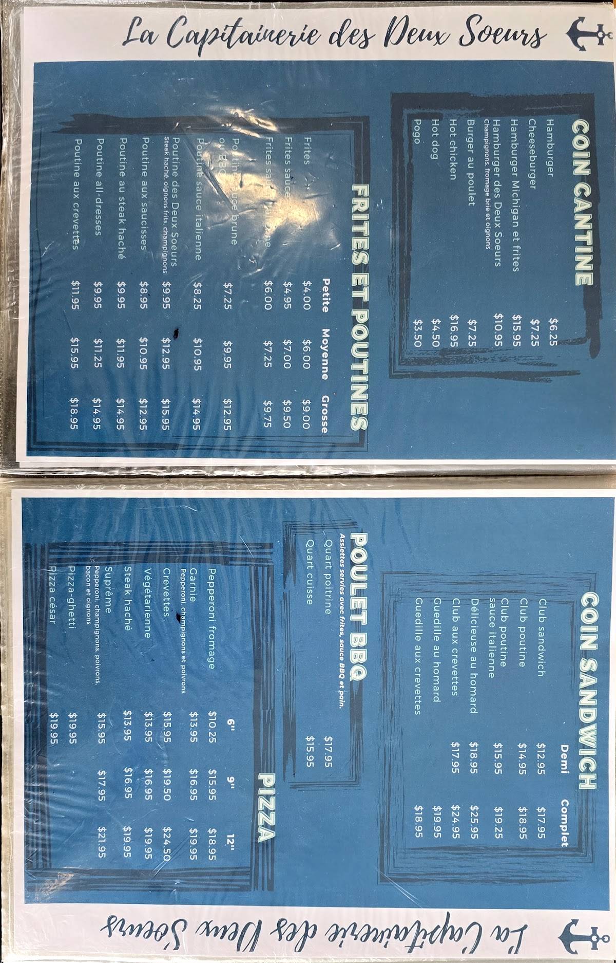 Menu de La Capitainerie des 2 sœurs