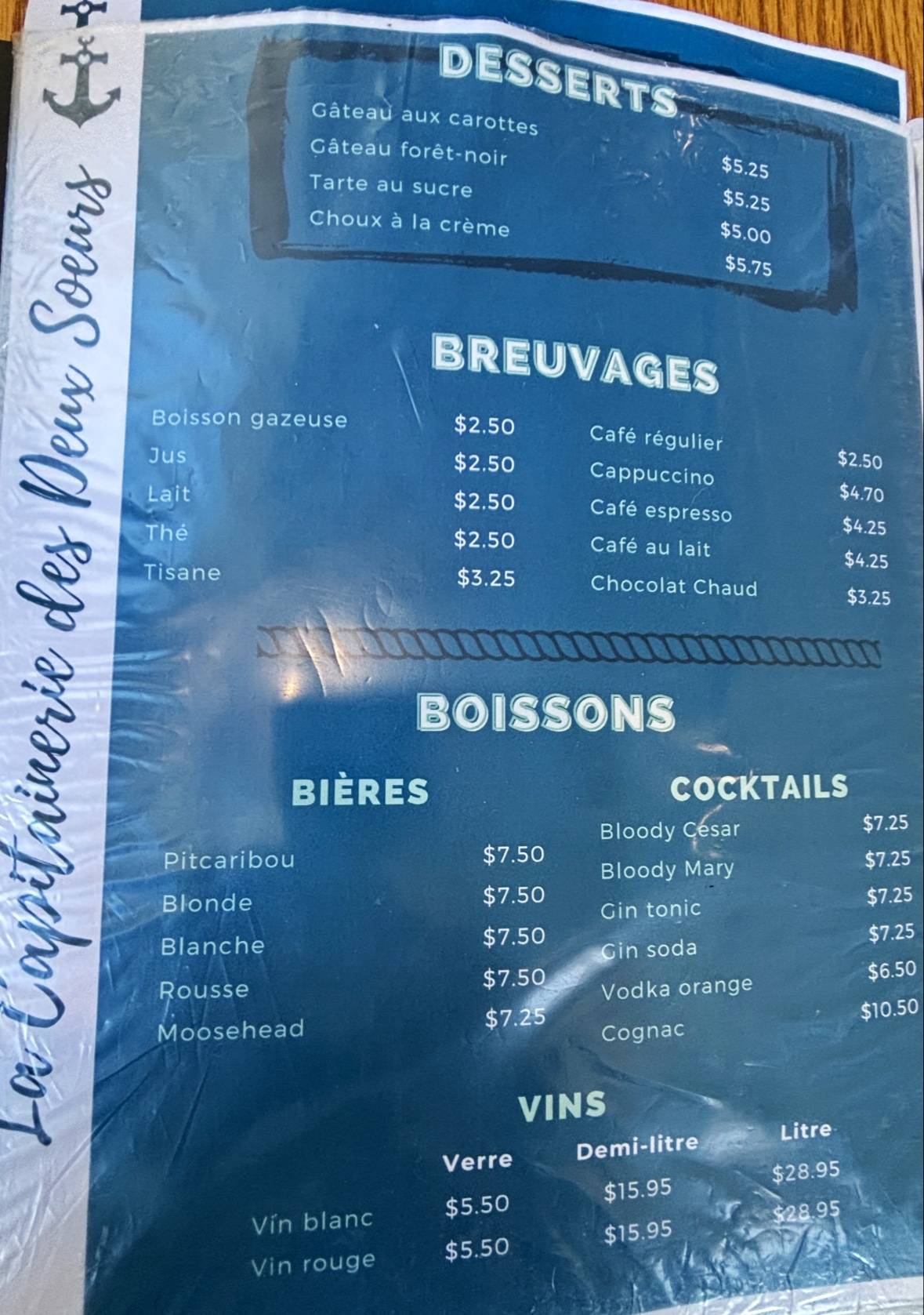 Menu de La Capitainerie des 2 sœurs