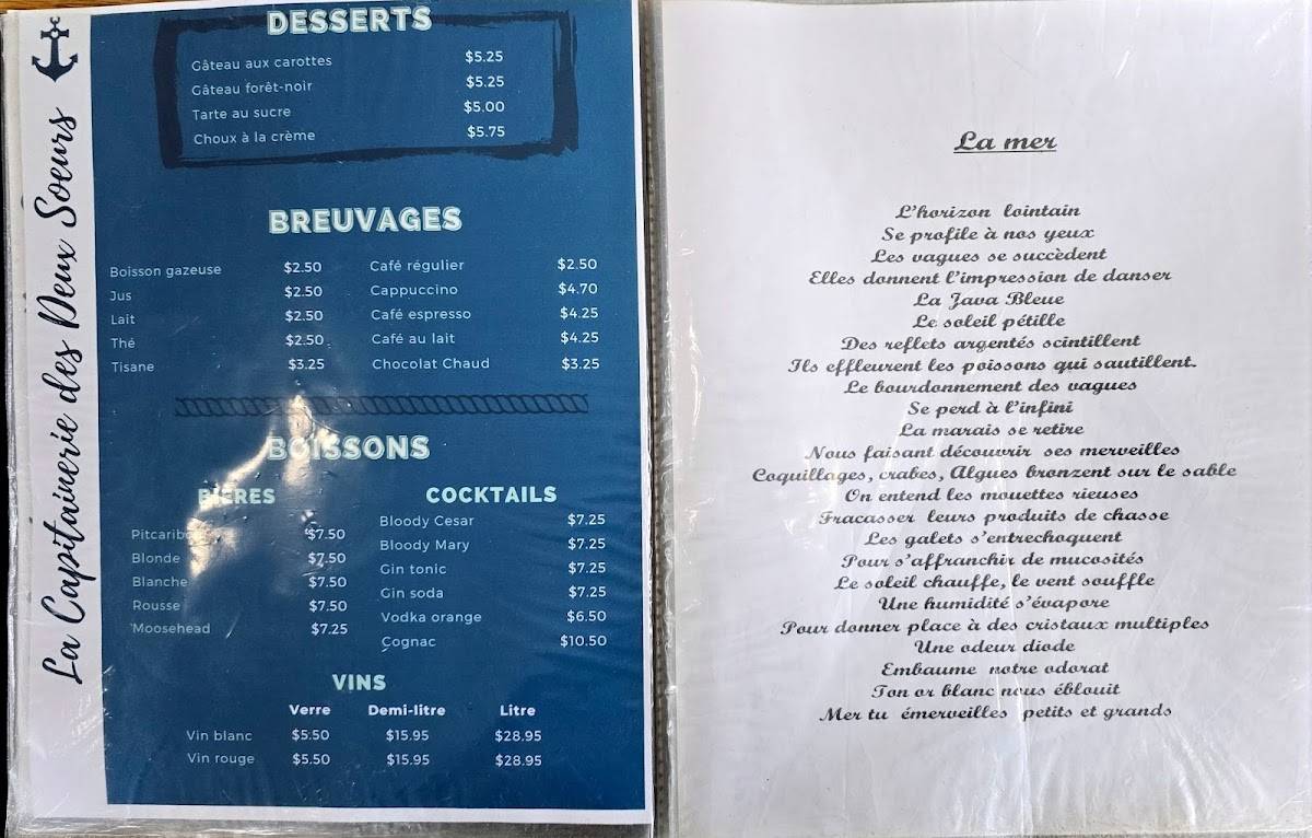 Menu de La Capitainerie des 2 sœurs
