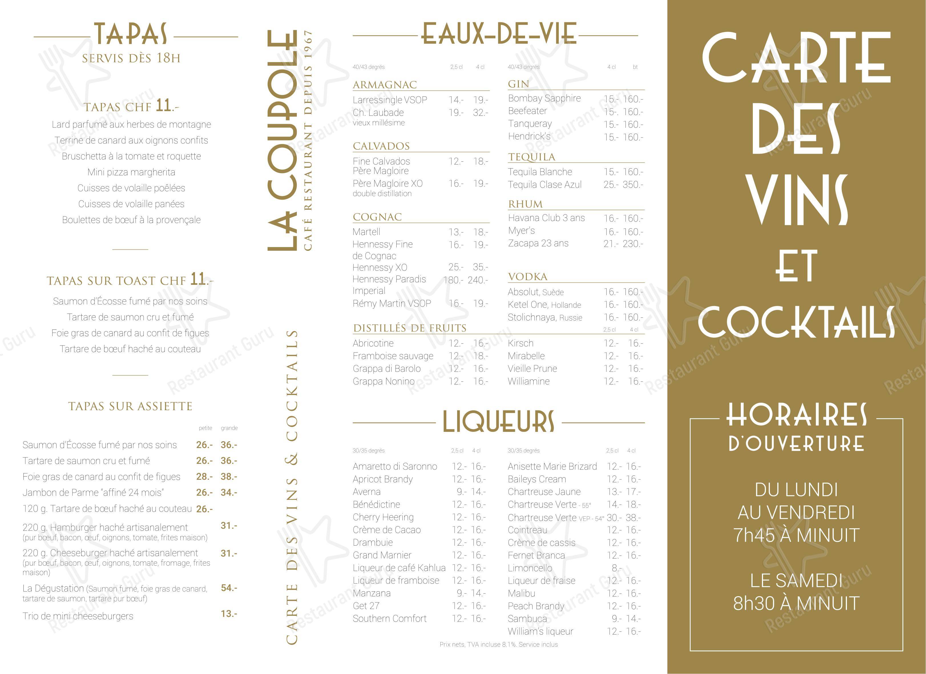 Menu per La Coupole pub & bar