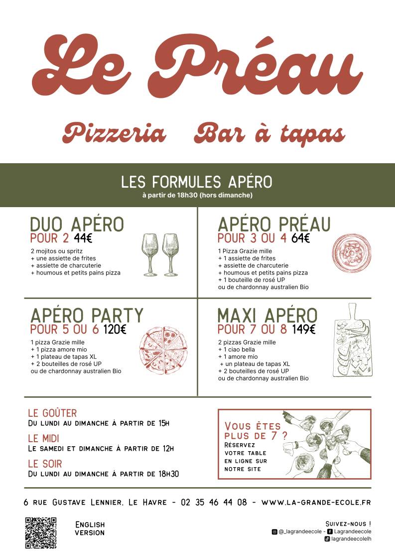 Menu de La Grande Ecole (Pizzeria Bar à tapas - Pub - Evénements - Séminaire - Ateliers cuisine)