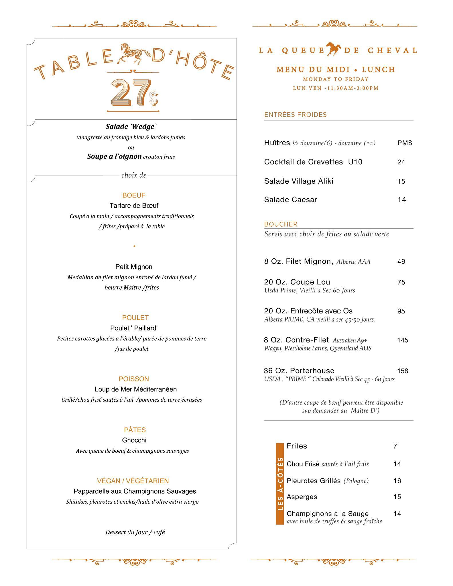Menu de LA QUEUE DE CHEVAL STEAKHOUSE, BAR AND LOUNGE