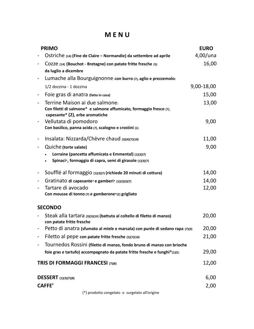 Menu di La Renardière 