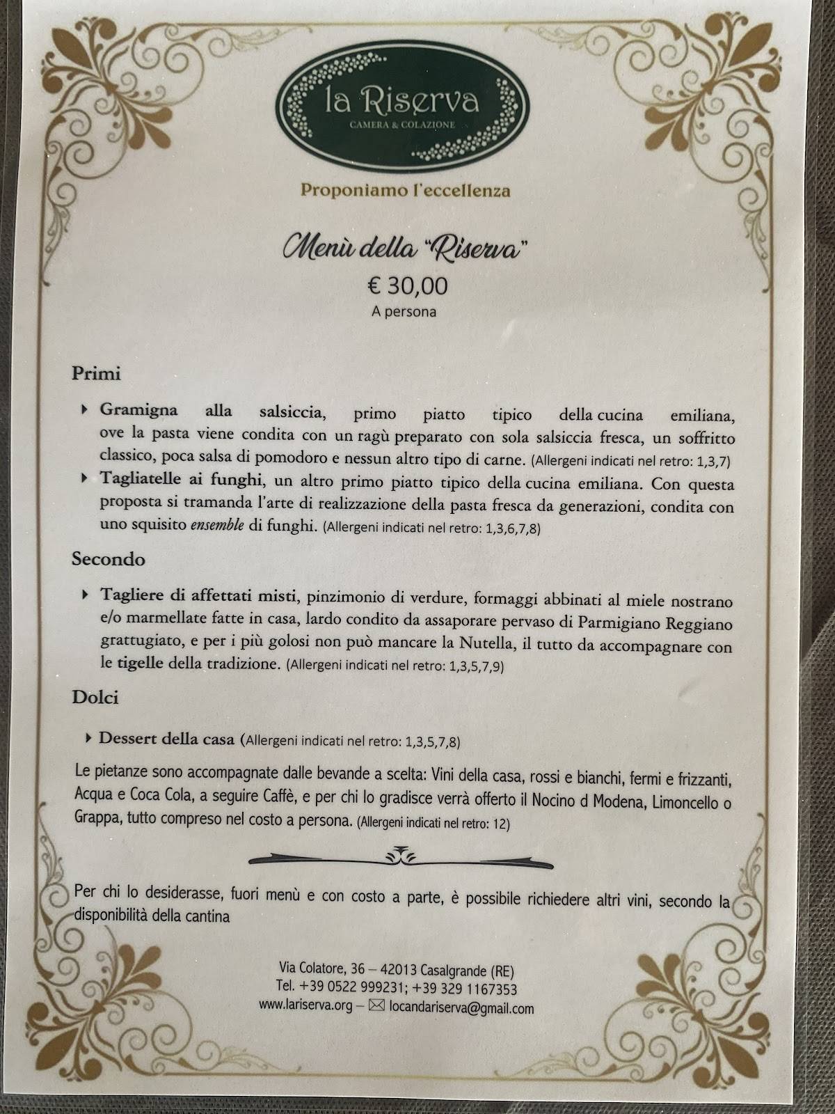 Menu di La Riserva 