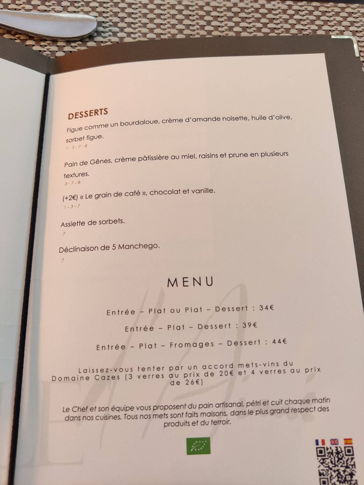 Menu de La Table D'Aimé