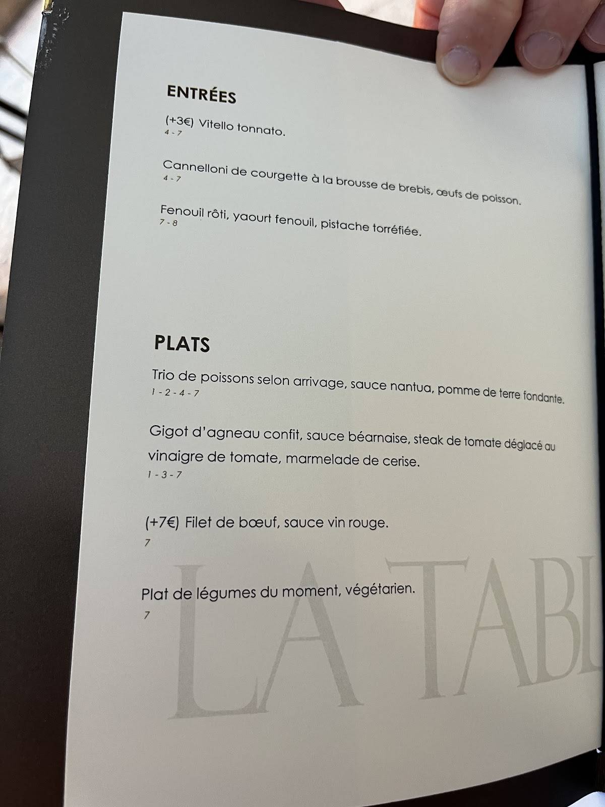 Menu de La Table D'Aimé