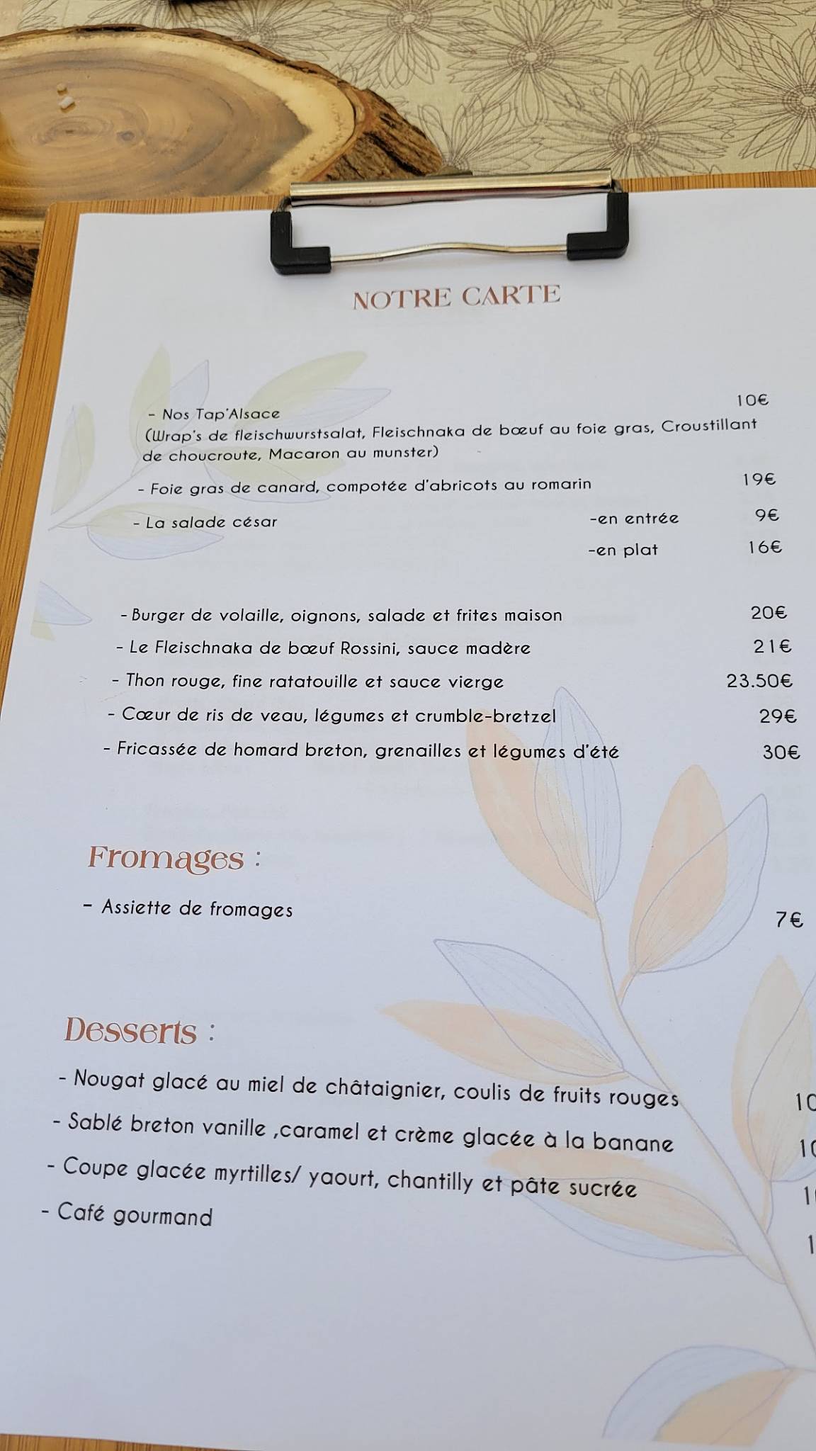 Menu de La Table du 12