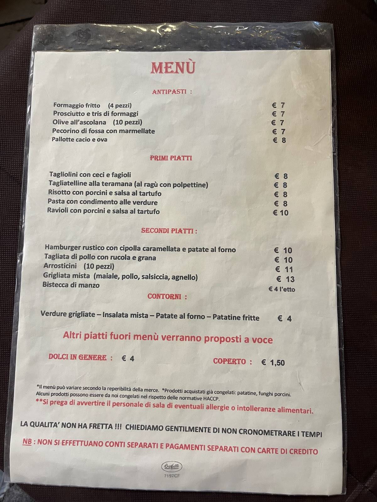 Menu di Taverna del Priore 