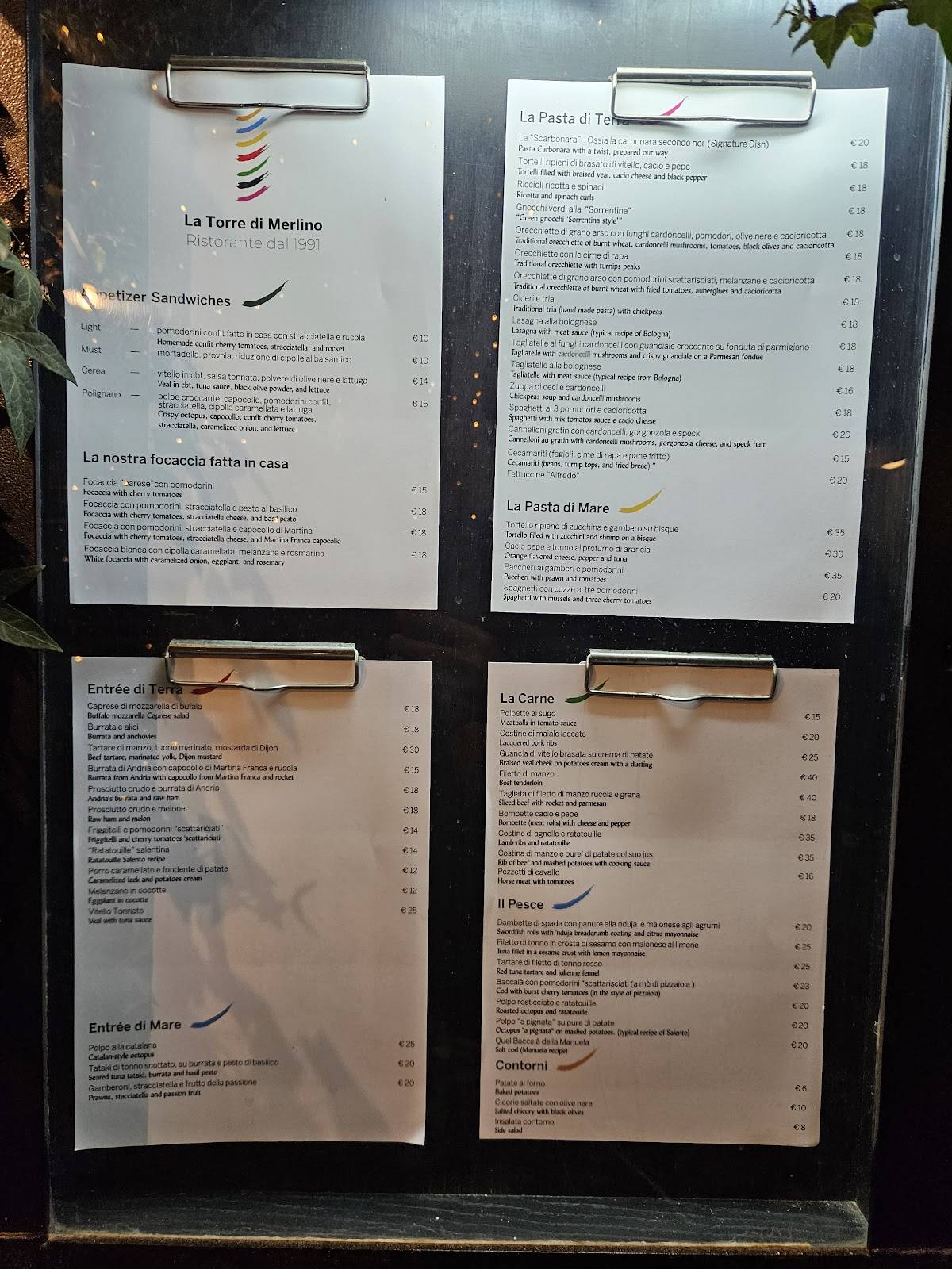 Menu di La Torre di Merlino 