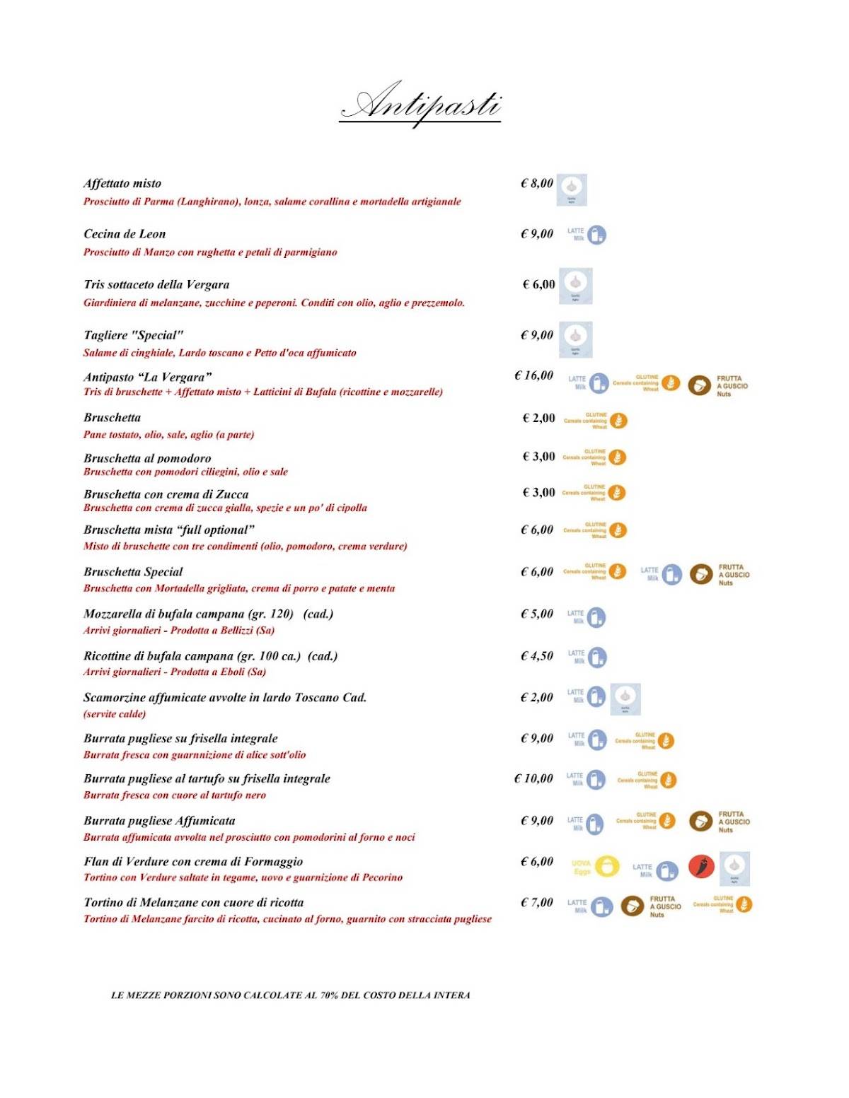 Menu di La Vergara 