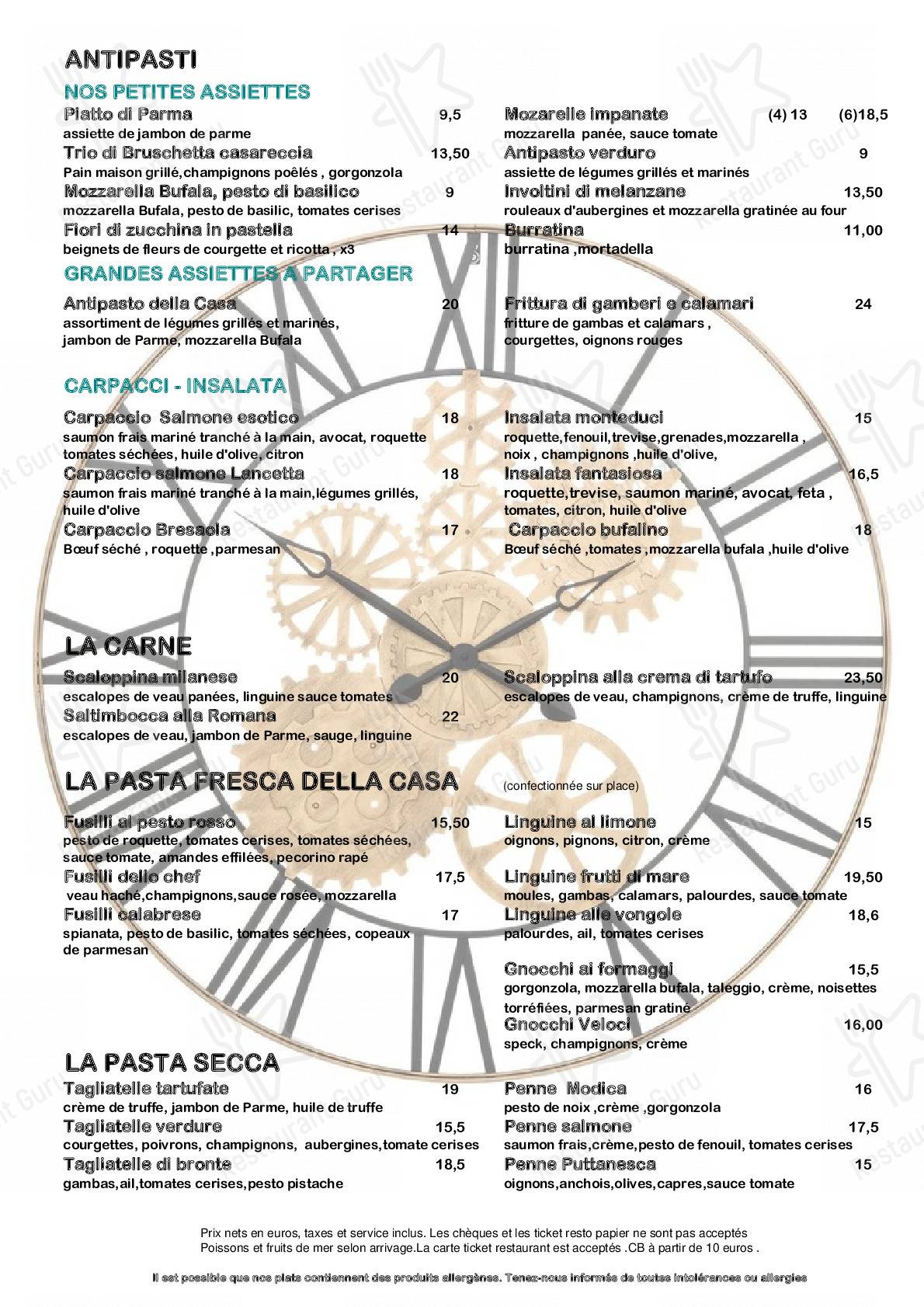 Menu pour Lancetta - repas et boissons