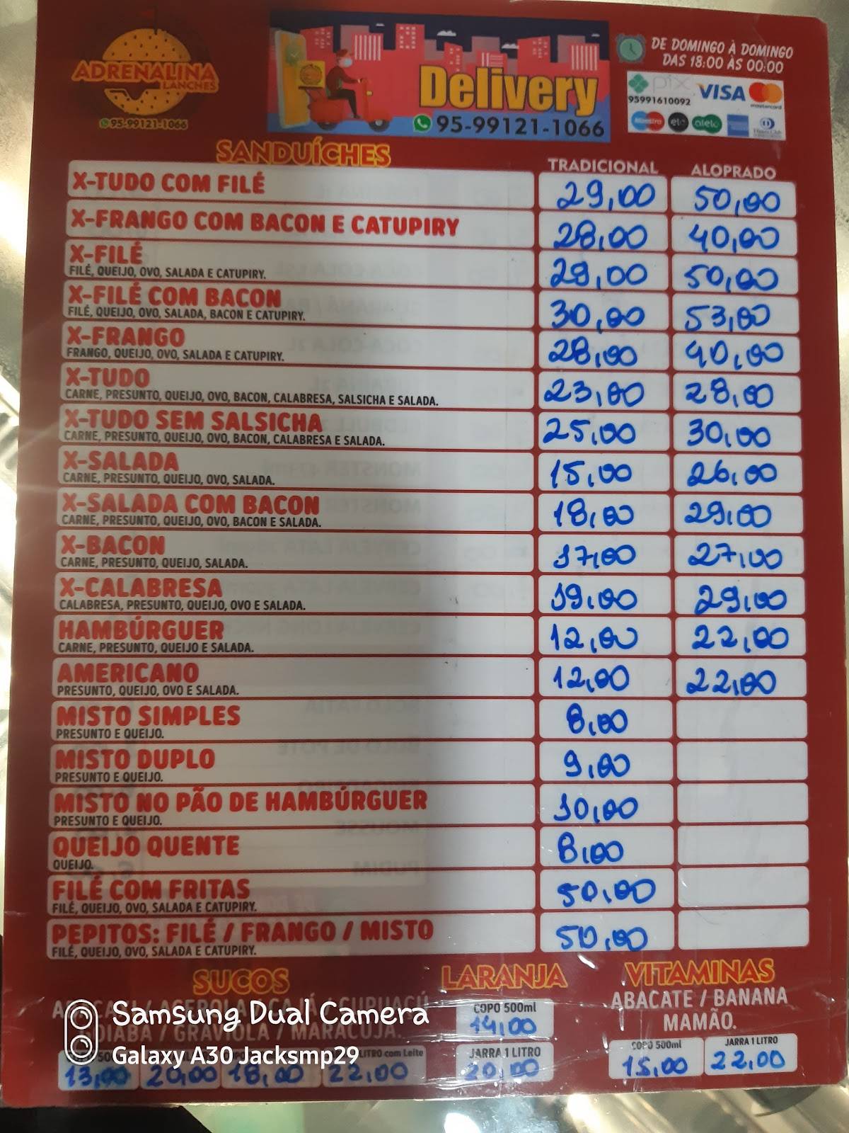 Lanche Adrenalina cardápio