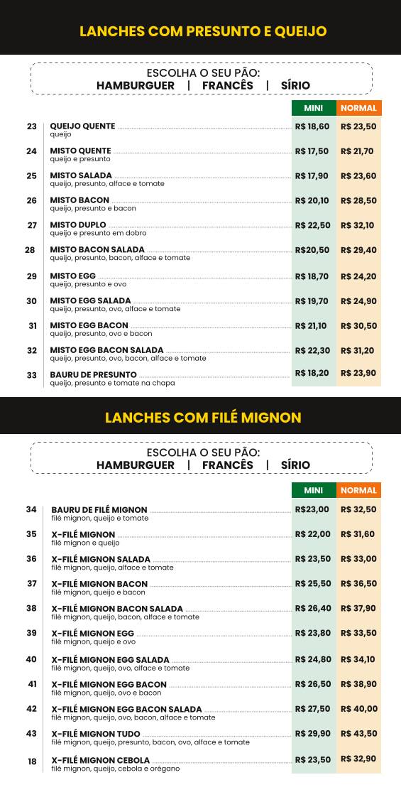 Lanches Sodinha Lanchonete em Botucatu cardápio