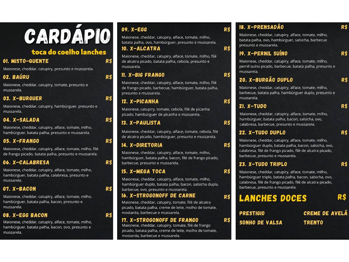 Lanchonete e Restaurante Toca do Coelho cardápio
