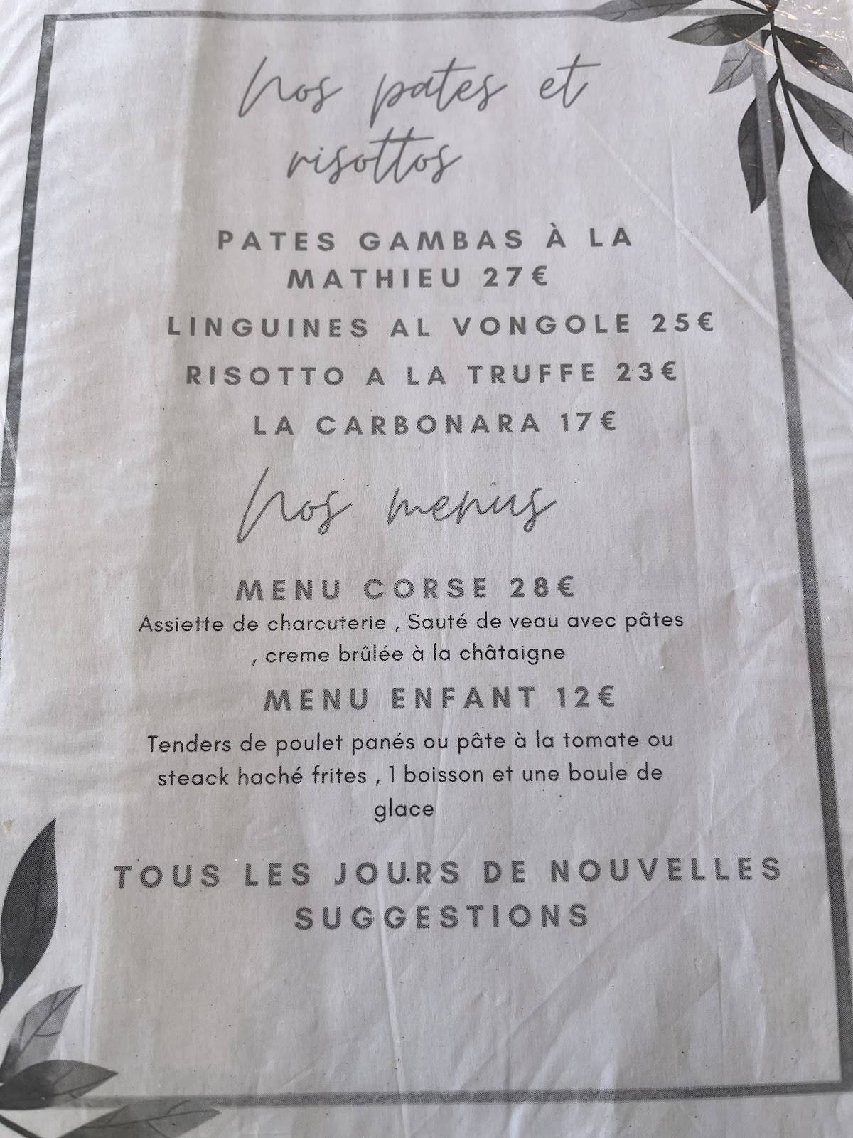 Menu de Restaurant Chez Mathieu Aleria