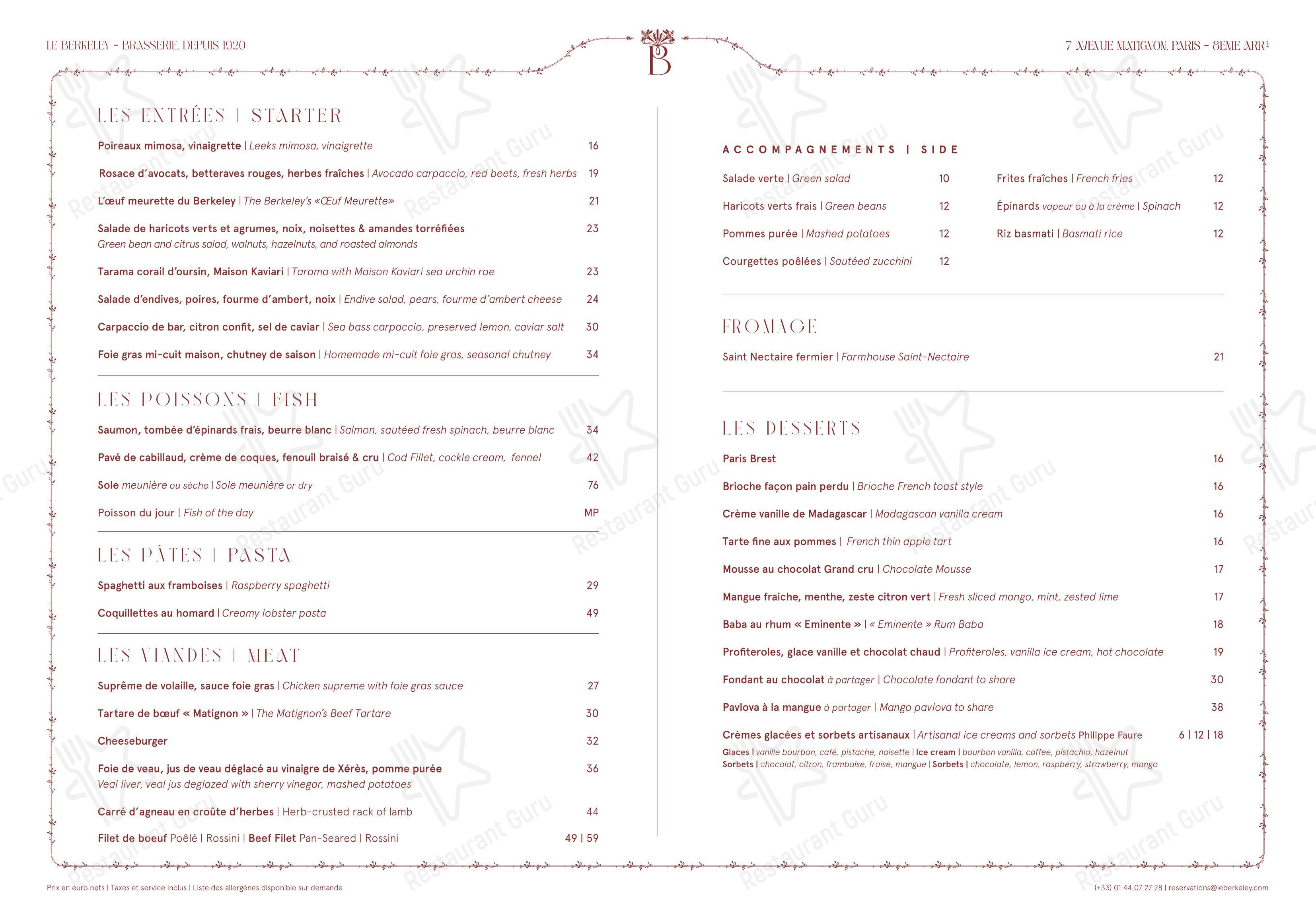 Menu bar pour Le Berkeley dans Paris
