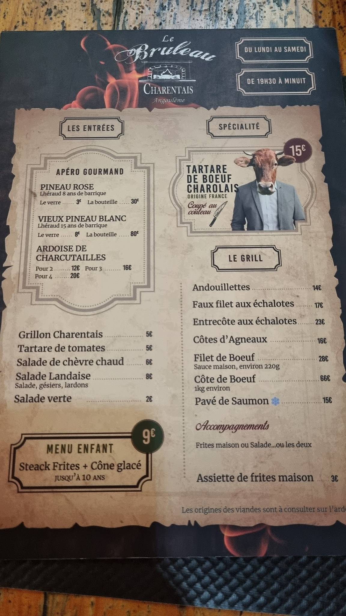 Menu de Bruleau Charentais Angoulême