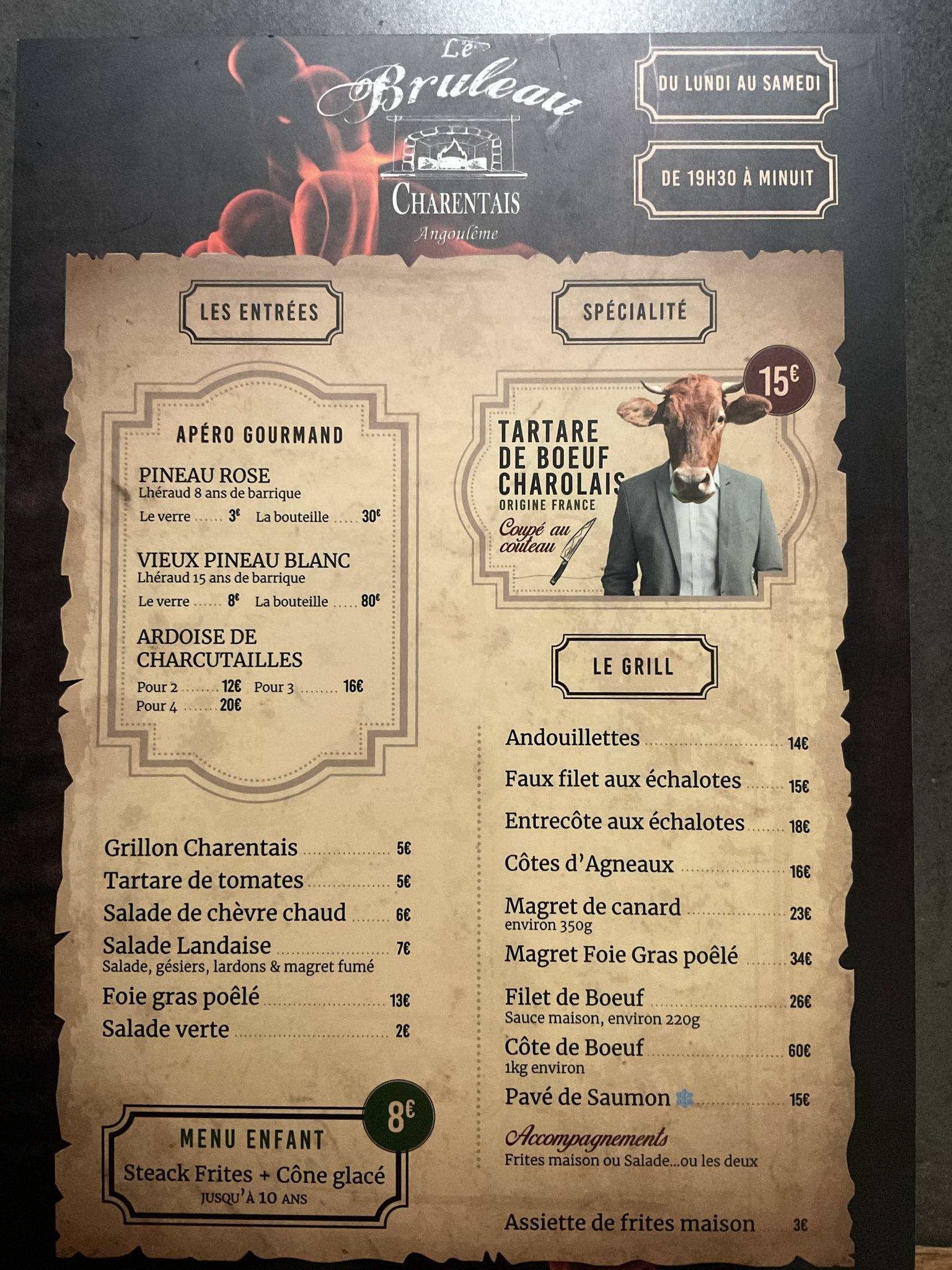Menu de Bruleau Charentais Angoulême