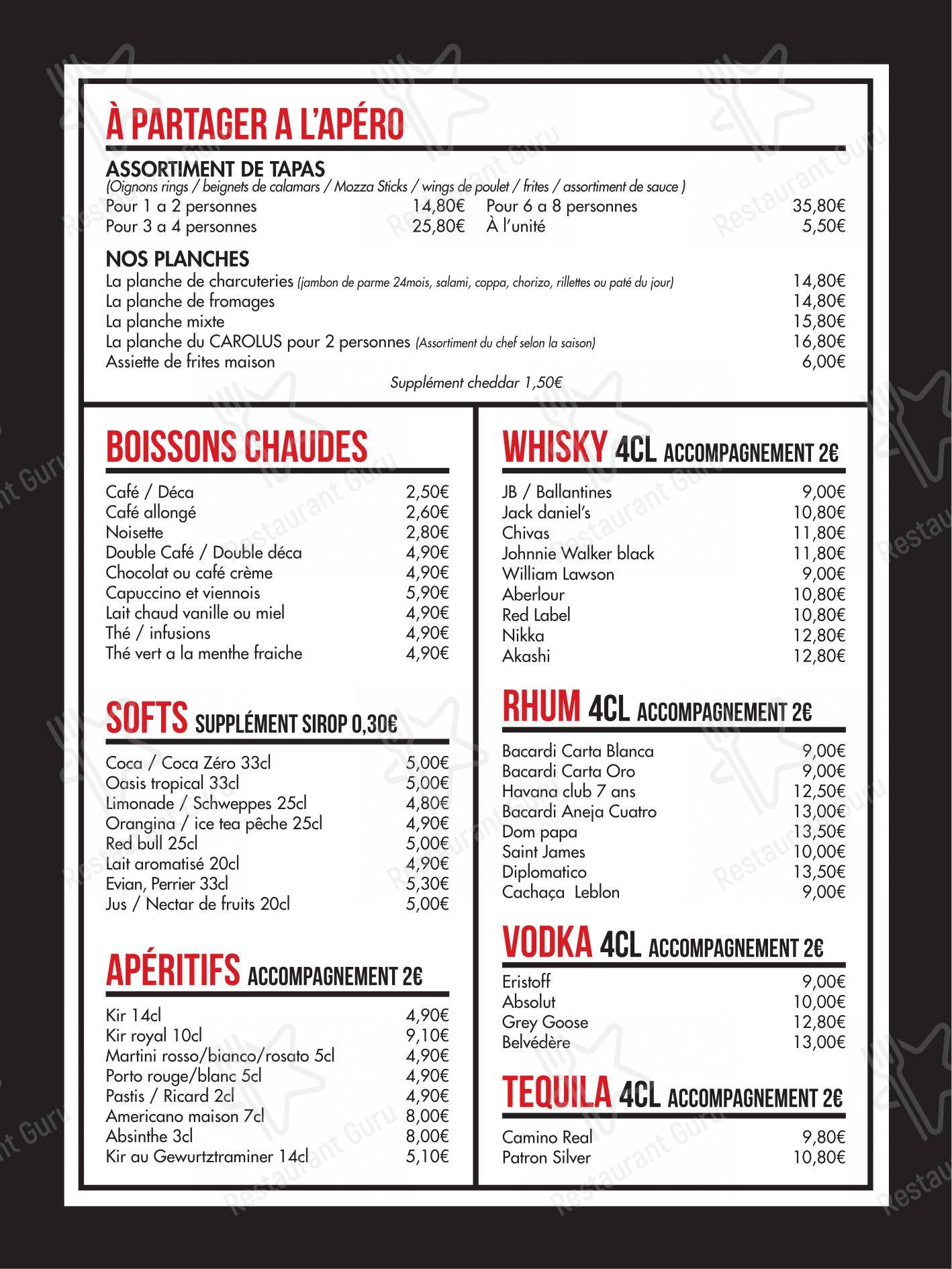 Menu pour Le Carolus - Menu