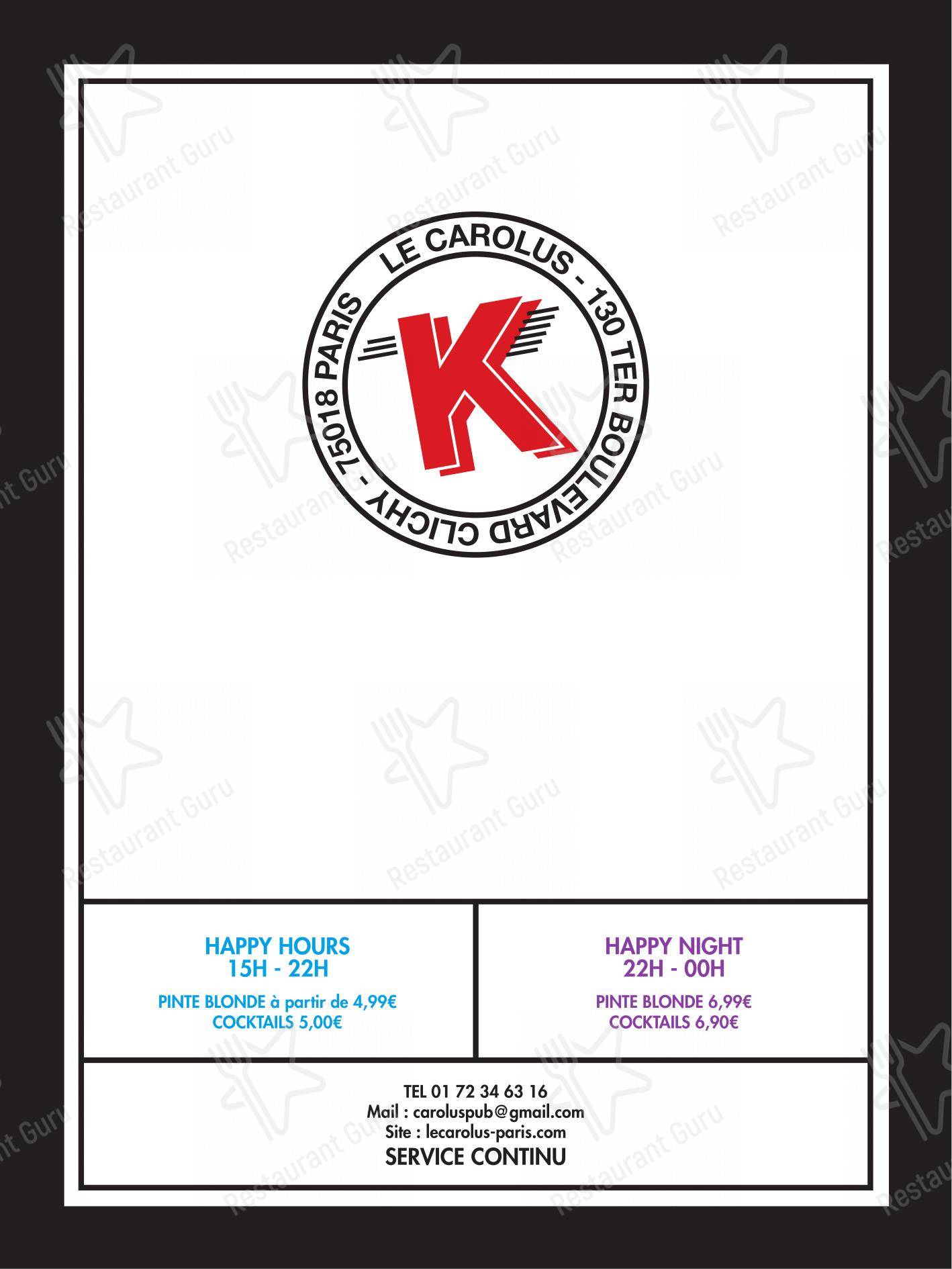 Menu pour Le Carolus pub et bar