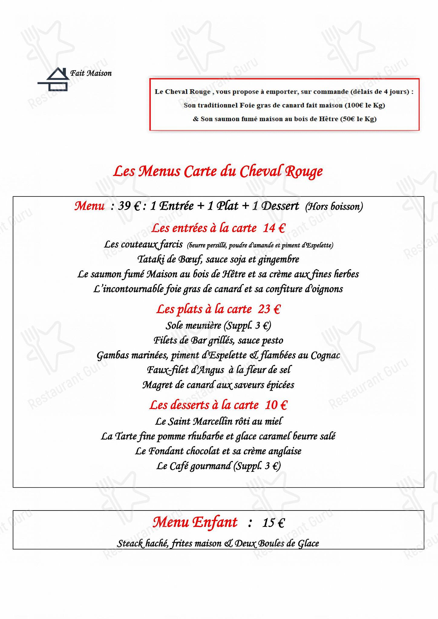 Menu pour Le Cheval Rouge - plats et boissons