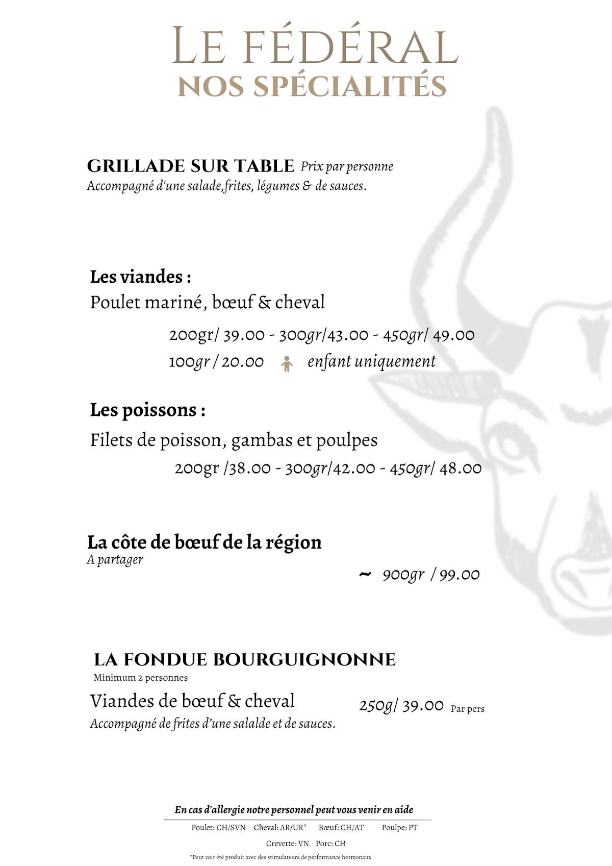 Menu di Restaurant Le Fédéral 