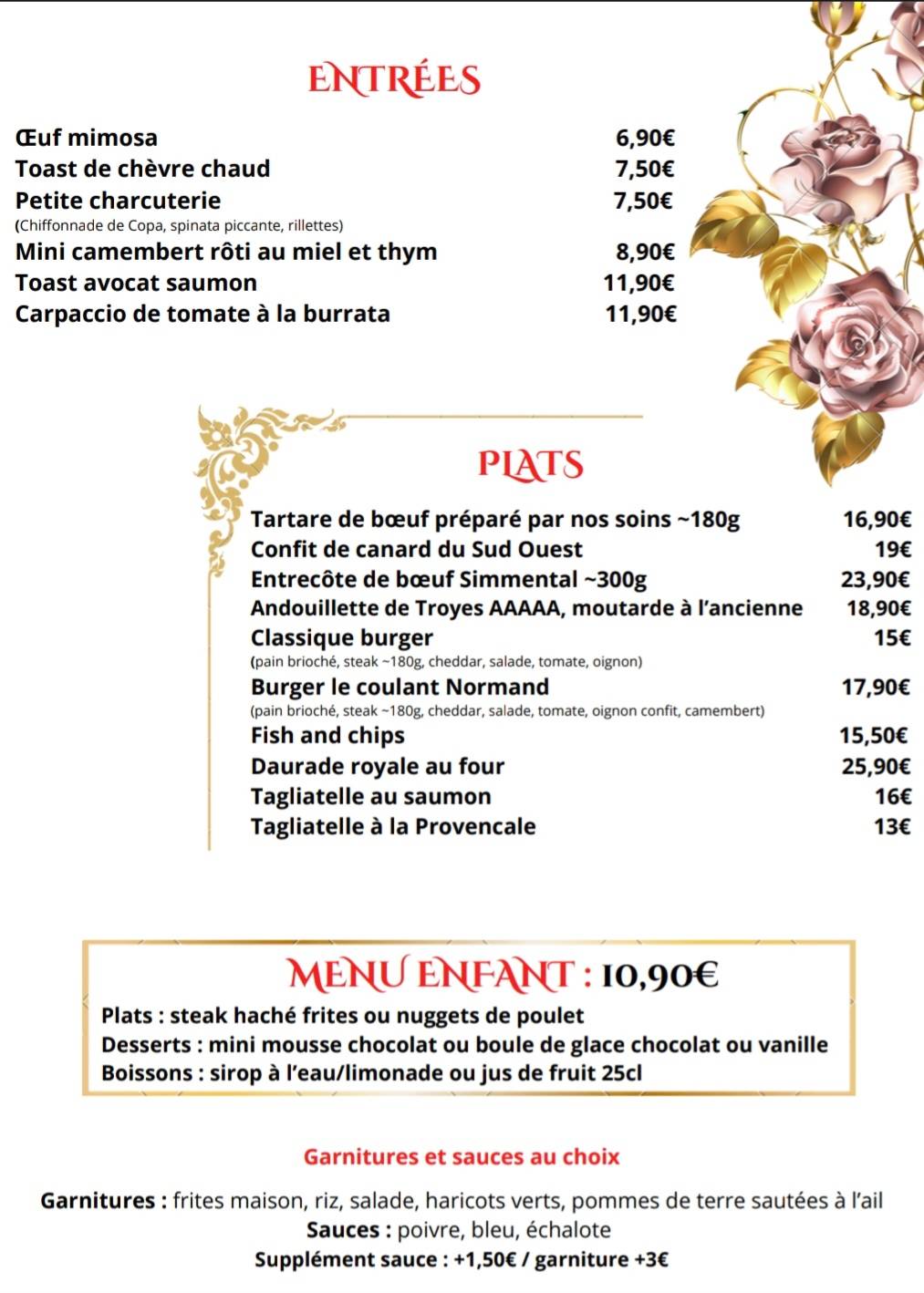 Menu de Le Napoléon