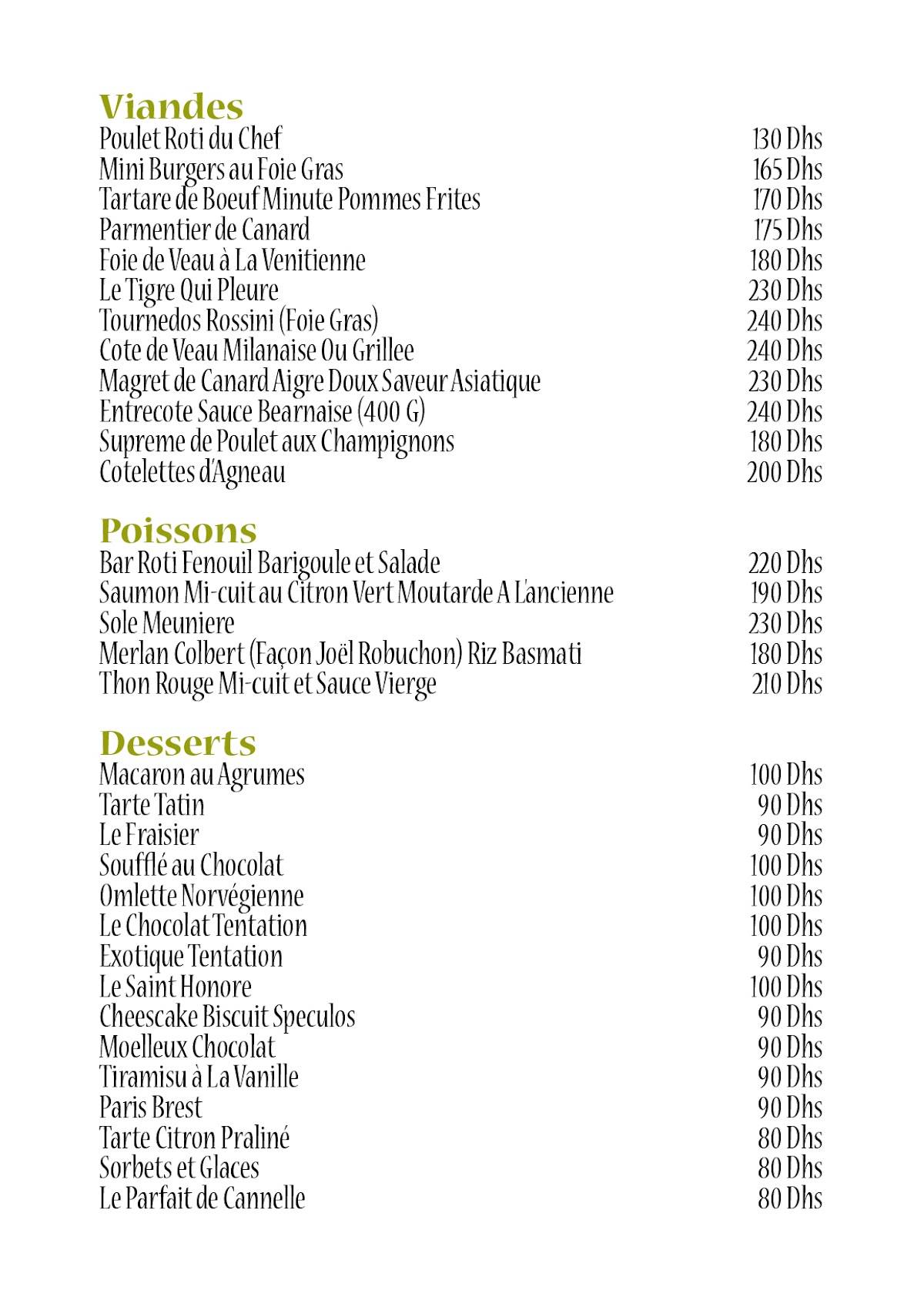 Menu de Le Palace Marrakech