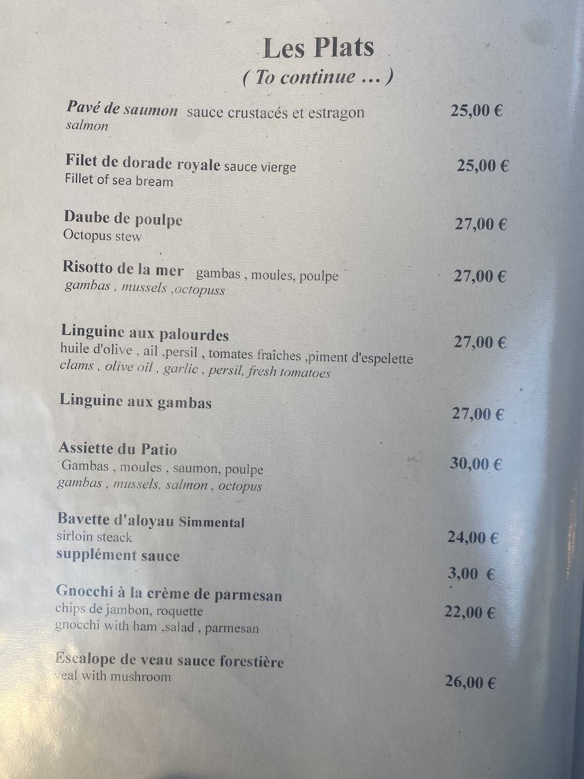 Menu de Restaurant le Patio