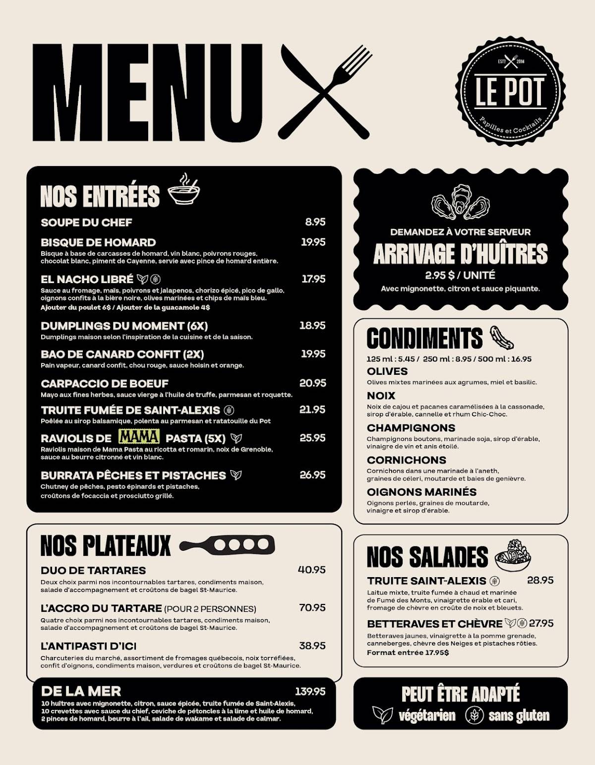 Menu de Le Pot Papilles et Cocktails