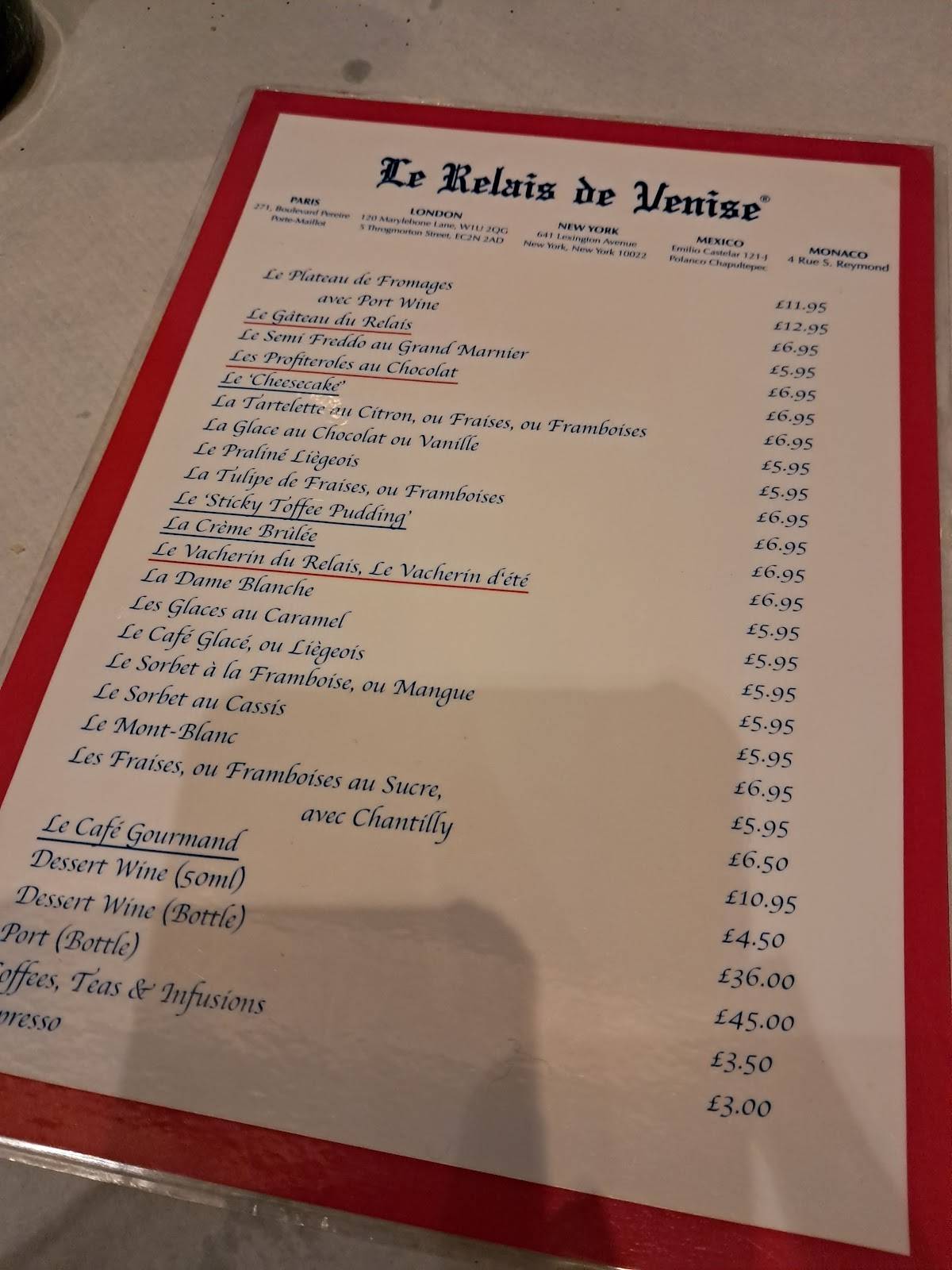 Menu at Le Relais de Venise l