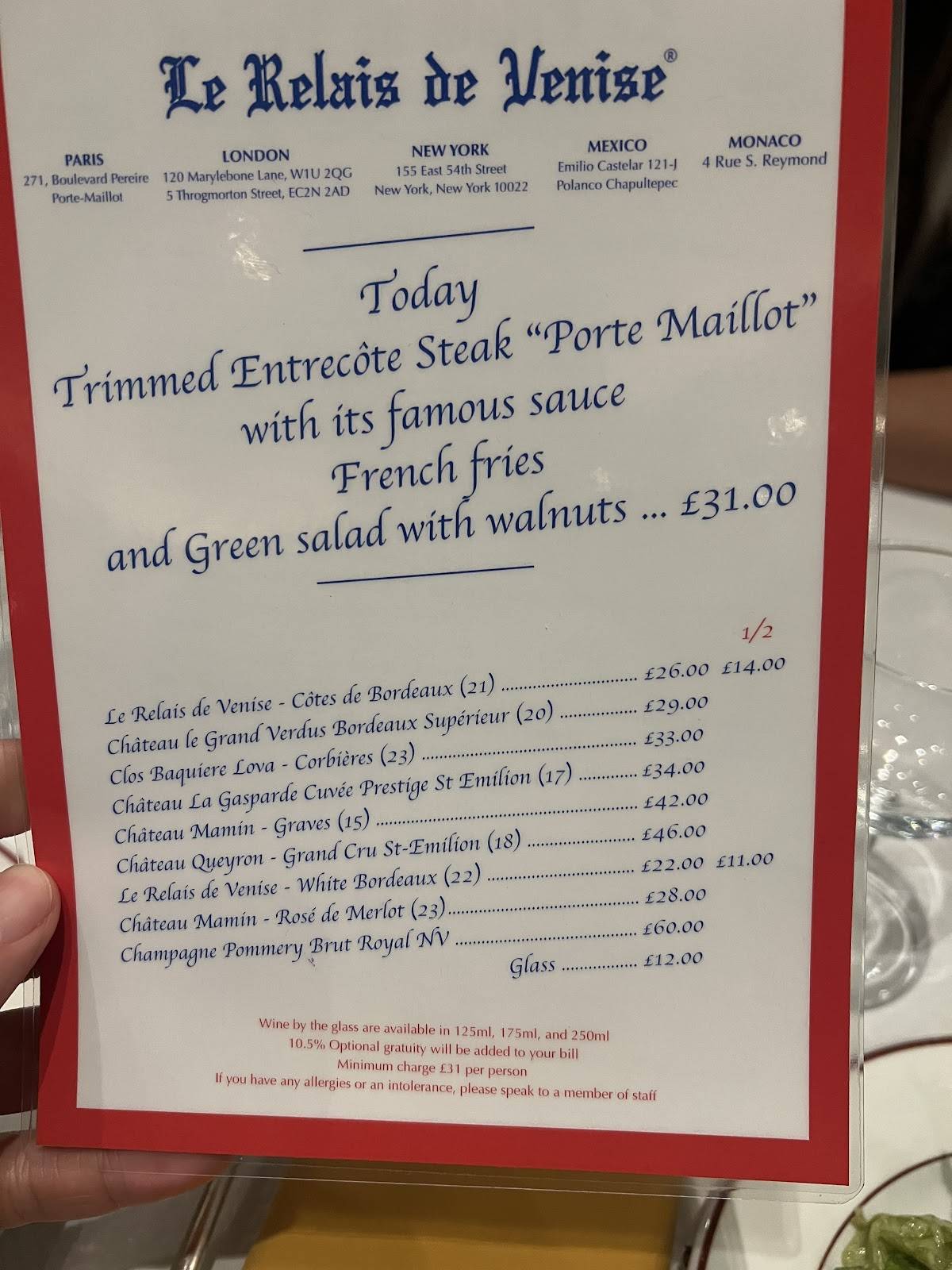 Menu at Le Relais de Venise l