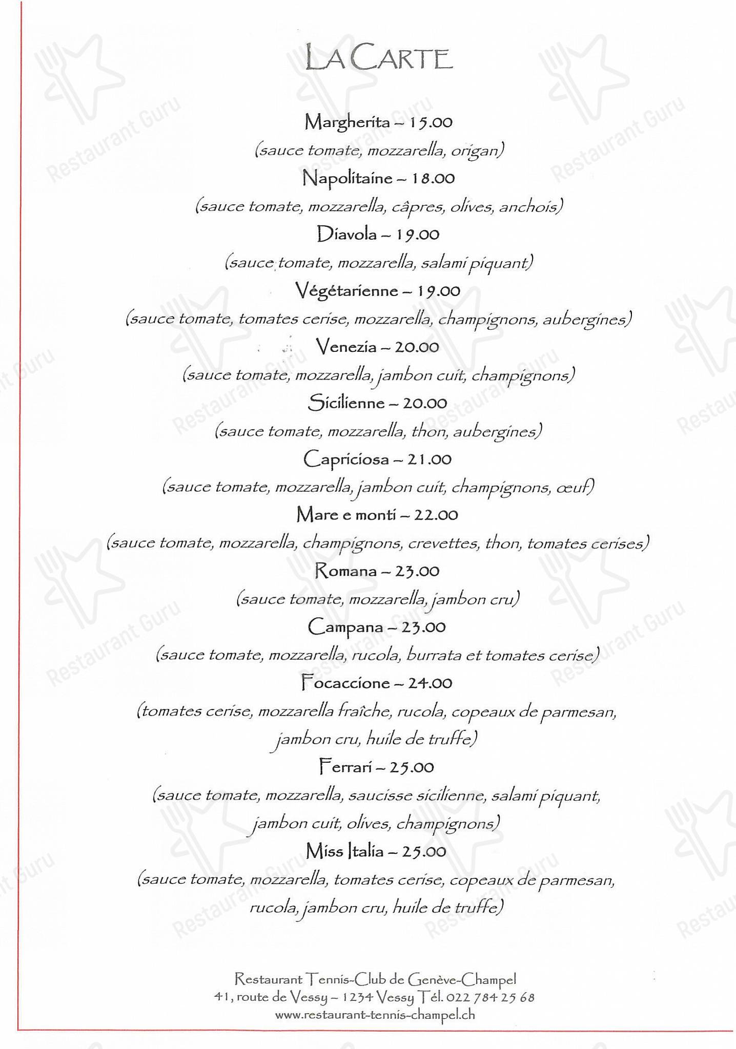 Restaurant Tennis Club de Champel in Veyrier - Dinner Menu