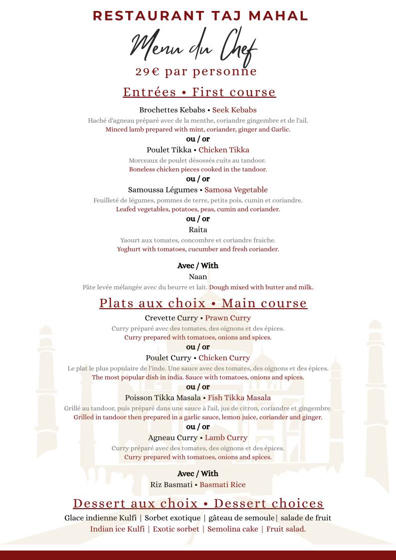 Menu de Le Taj Mahal