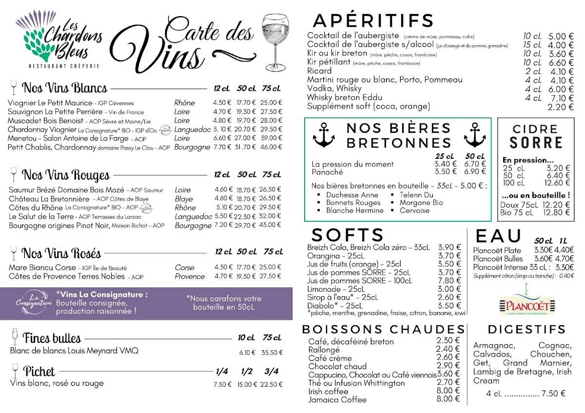 Menu de Crêperie Les Chardons Bleus Porspoder Radénoc
