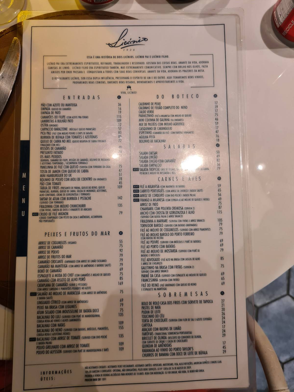Licínio 1926 cardápio