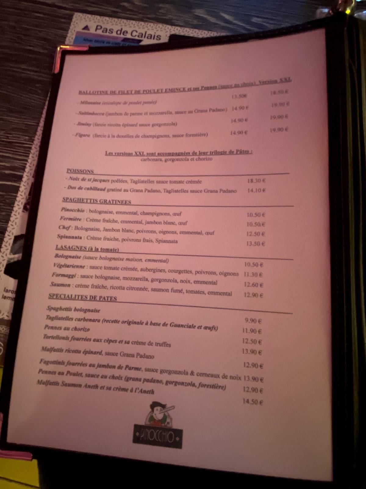 Menu de Pinocchio
