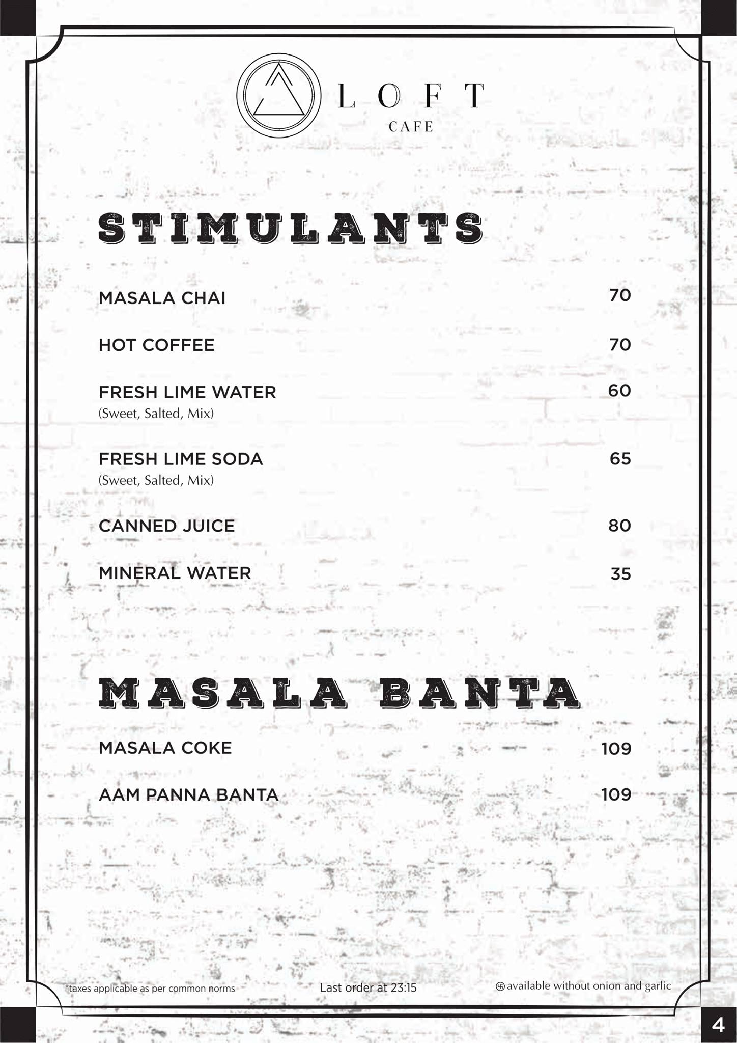 Loft Cafe & Restro menu