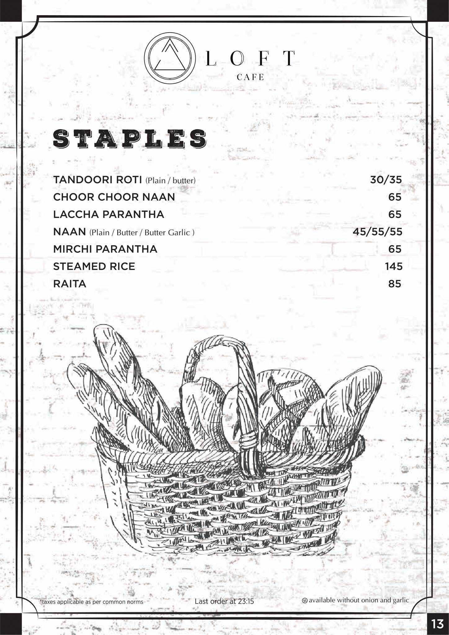 Loft Cafe & Restro menu