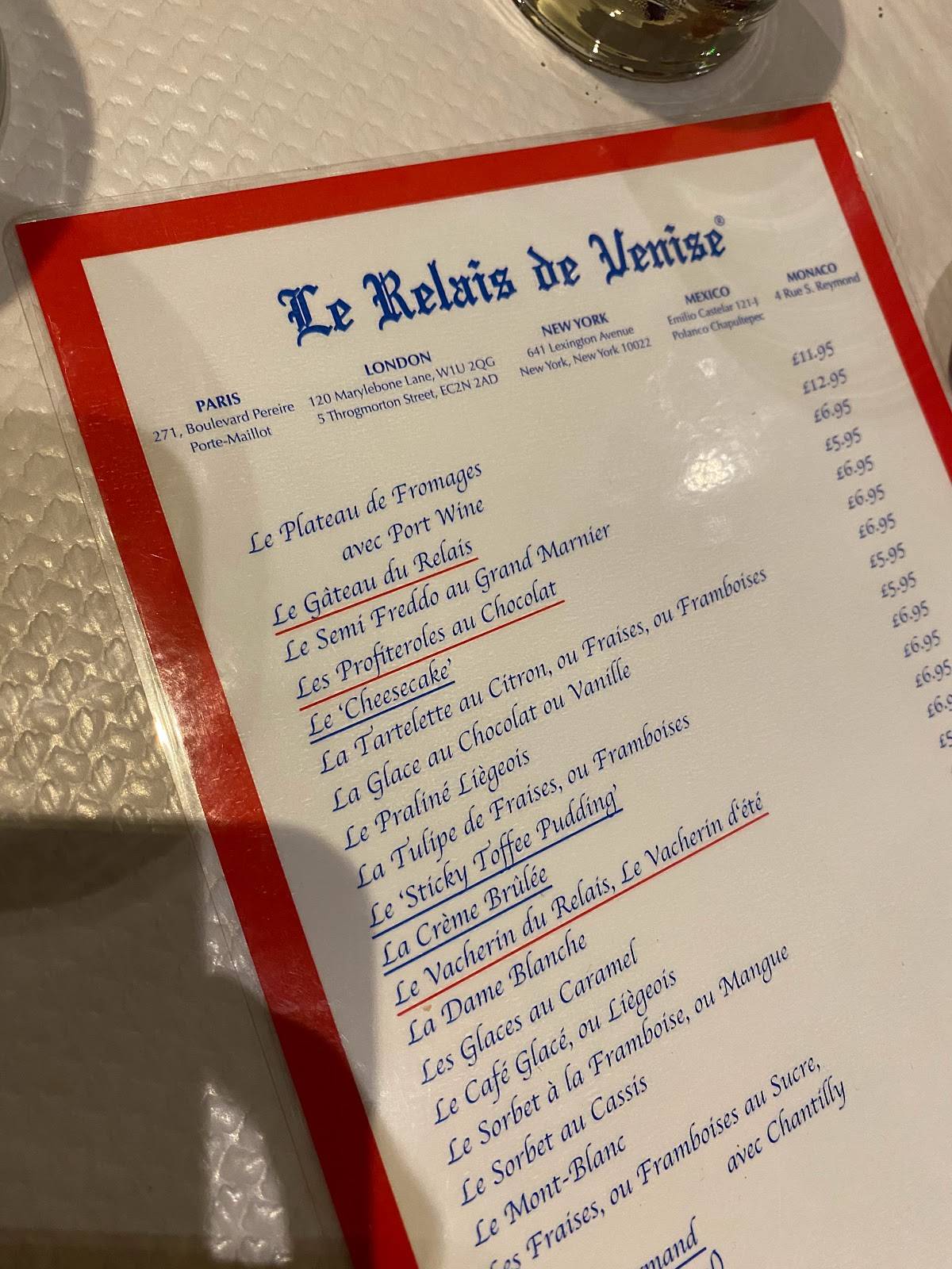 Menu at Le Relais de Venise l