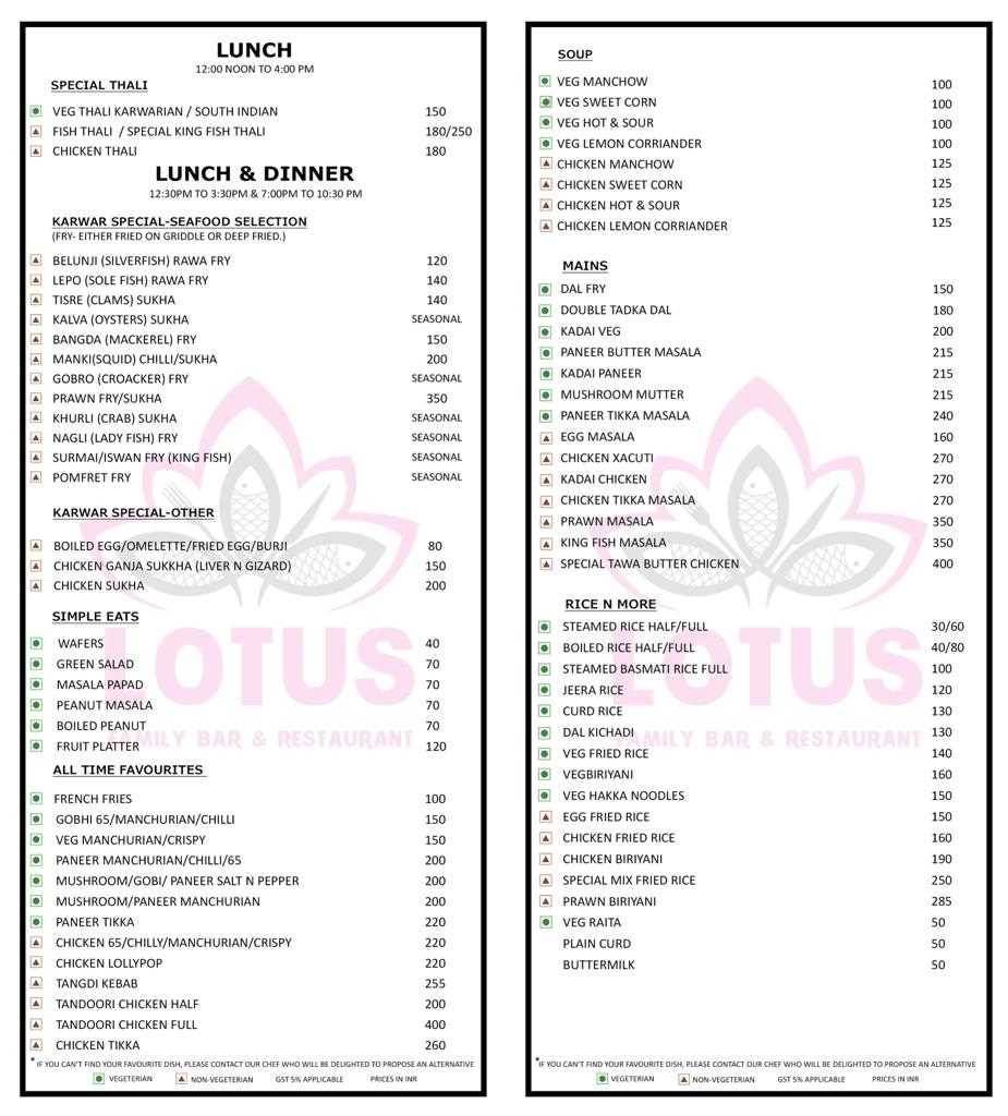 Lotus Restaurant menu