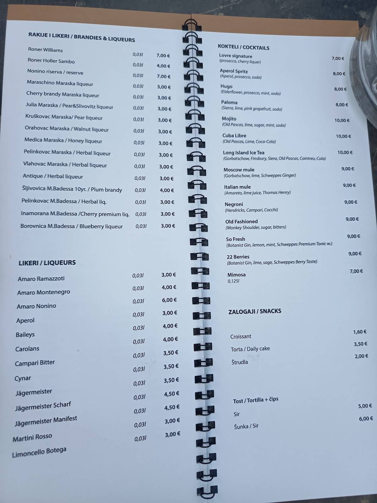 Menu di Lovre caffe bar 