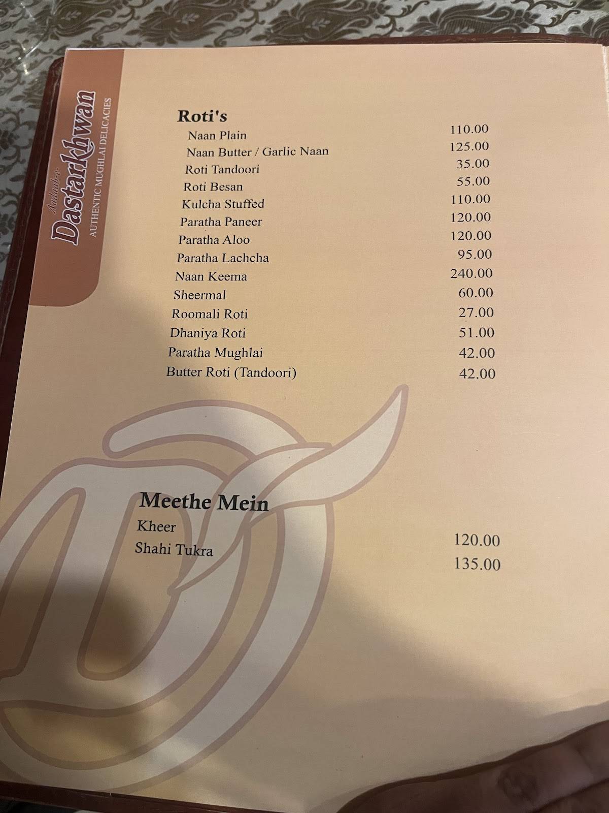 Aadab-e-Dastarkhwan Restaurant menu