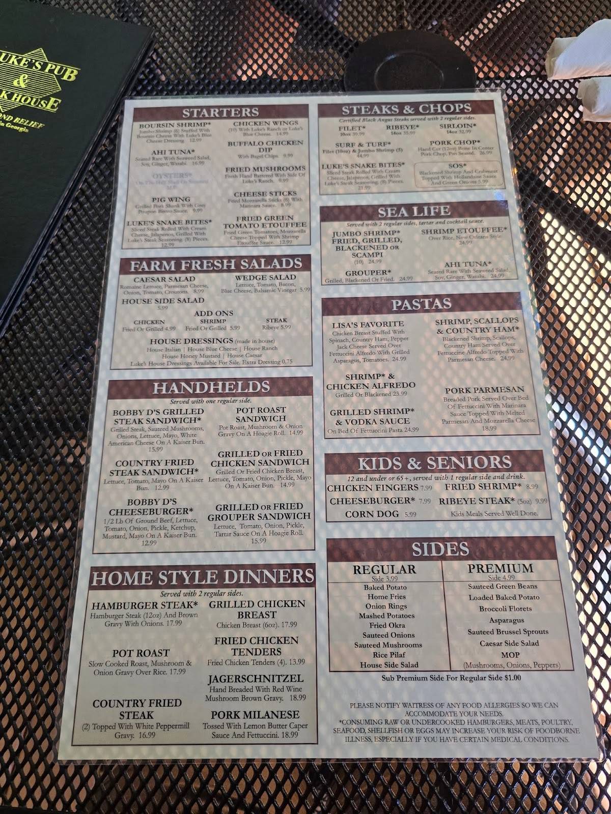Menu at Luke's Pub & Steakhouse, Waverly Hall