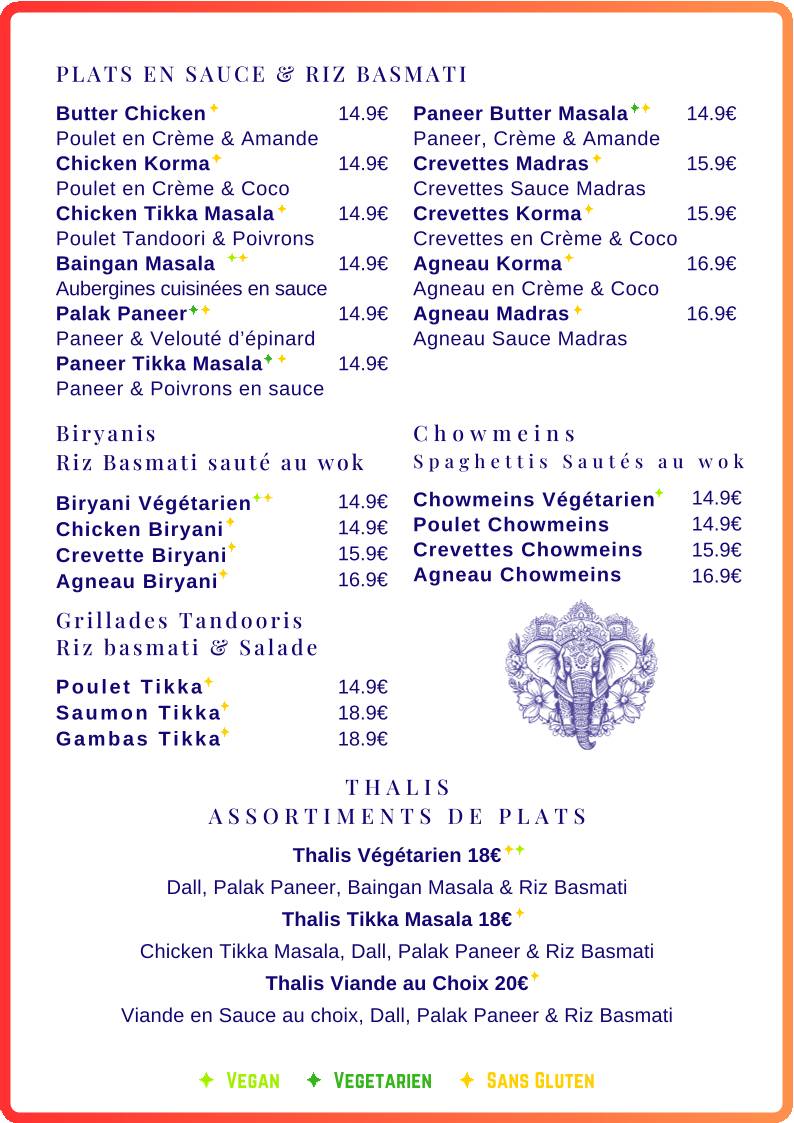 Menu de Namasté