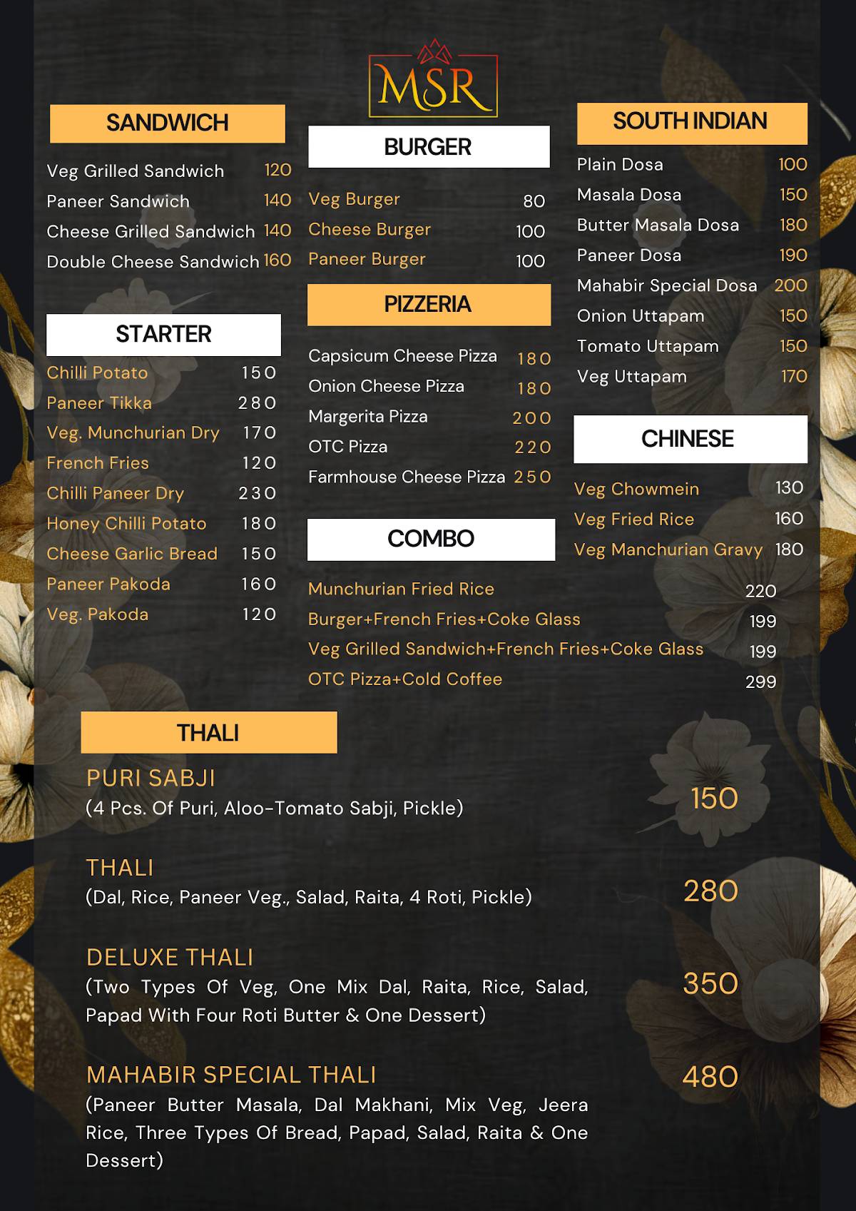 MAHABIR SWEETS AND RESTAURANT (MSR) menu